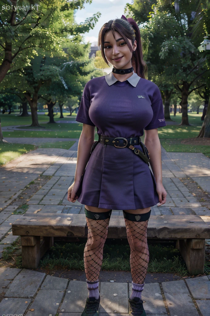 (8k, best quality, masterpiece:1.2), (realistic, photo-realistic:1.37), ultra-detailed, 1 girl,cute, solo, ,looking at viewer, purple clothes, fishnet, legwear, socks, shoes, ponytail, belt, skirt, green eyes, choker, big breasts, standing in a park, smiling