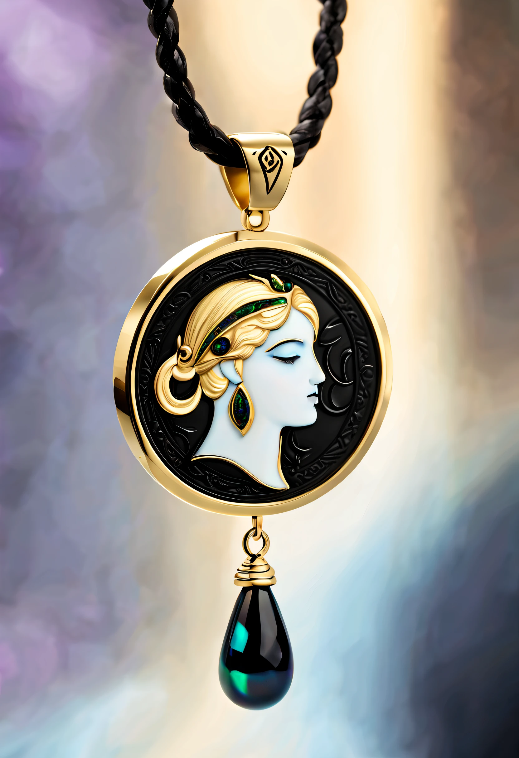 antonio canova style,Item design, Brand design, Logo design, (Abstract Virgo black round pendant), (Golden engraved head of Virgo), (double opal: 1.3), (Virgo horoscope symbol: 1.2), (Cindy Xu letters are engraved on the side), (Black leather rope), (Black gold border: 1.1), Frosted process, Geometric patterns, Black stone, Exquisite and complex structure, Boho Style, Van Cleopal, cartier, Background with: The white, jewelry photography, hyper HD, high qulity,