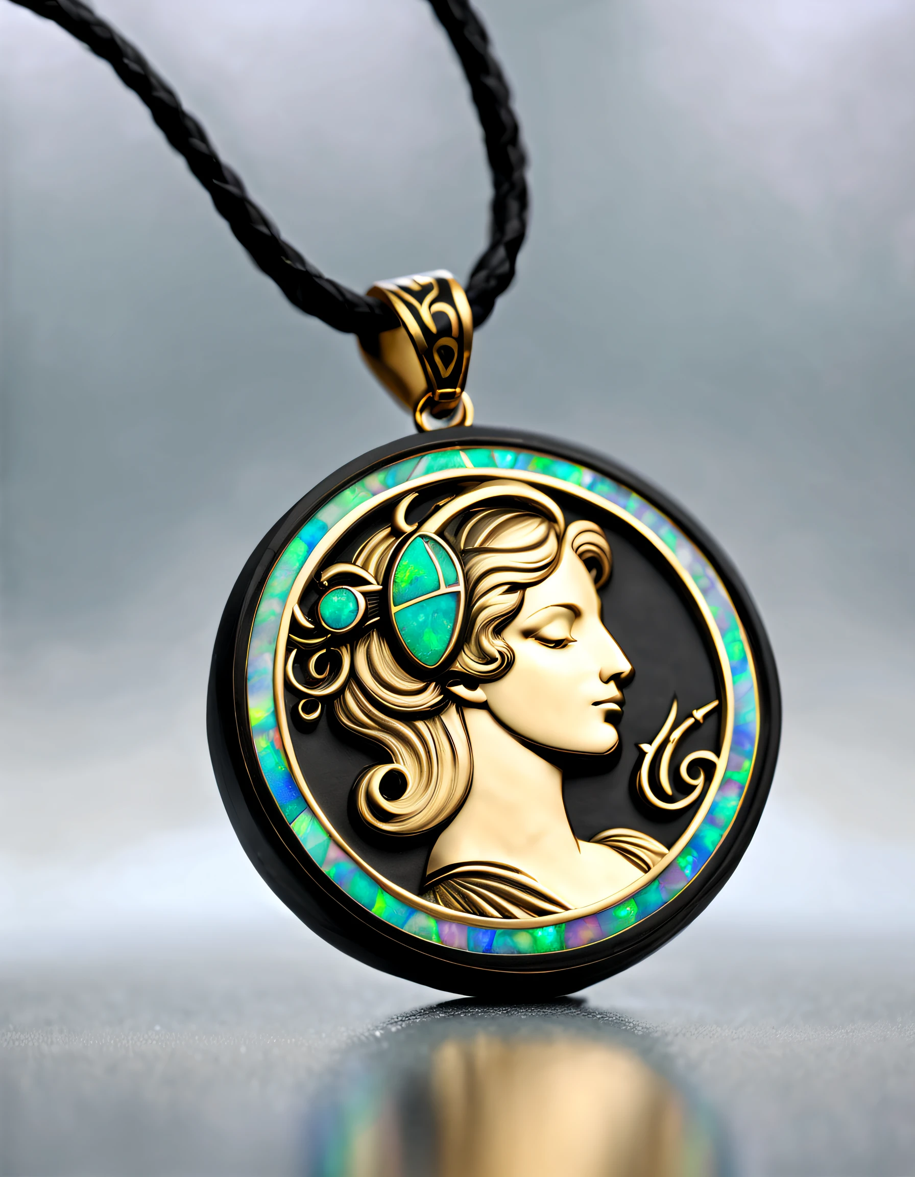 antonio canova style，Item design, Brand design, Logo design, (Abstract Virgo black round pendant), (Golden engraved head of Virgo), (double opal: 1.3), (Virgo horoscope symbol: 1.2), (Cindy Xu letters are engraved on the side), (Black leather rope), (Black gold border: 1.1), Frosted process, Geometric patterns, Black stone, Exquisite and complex structure, Boho Style, Van Cleopal, cartier, Background with: The white, jewelry photography, hyper HD, high qulity,