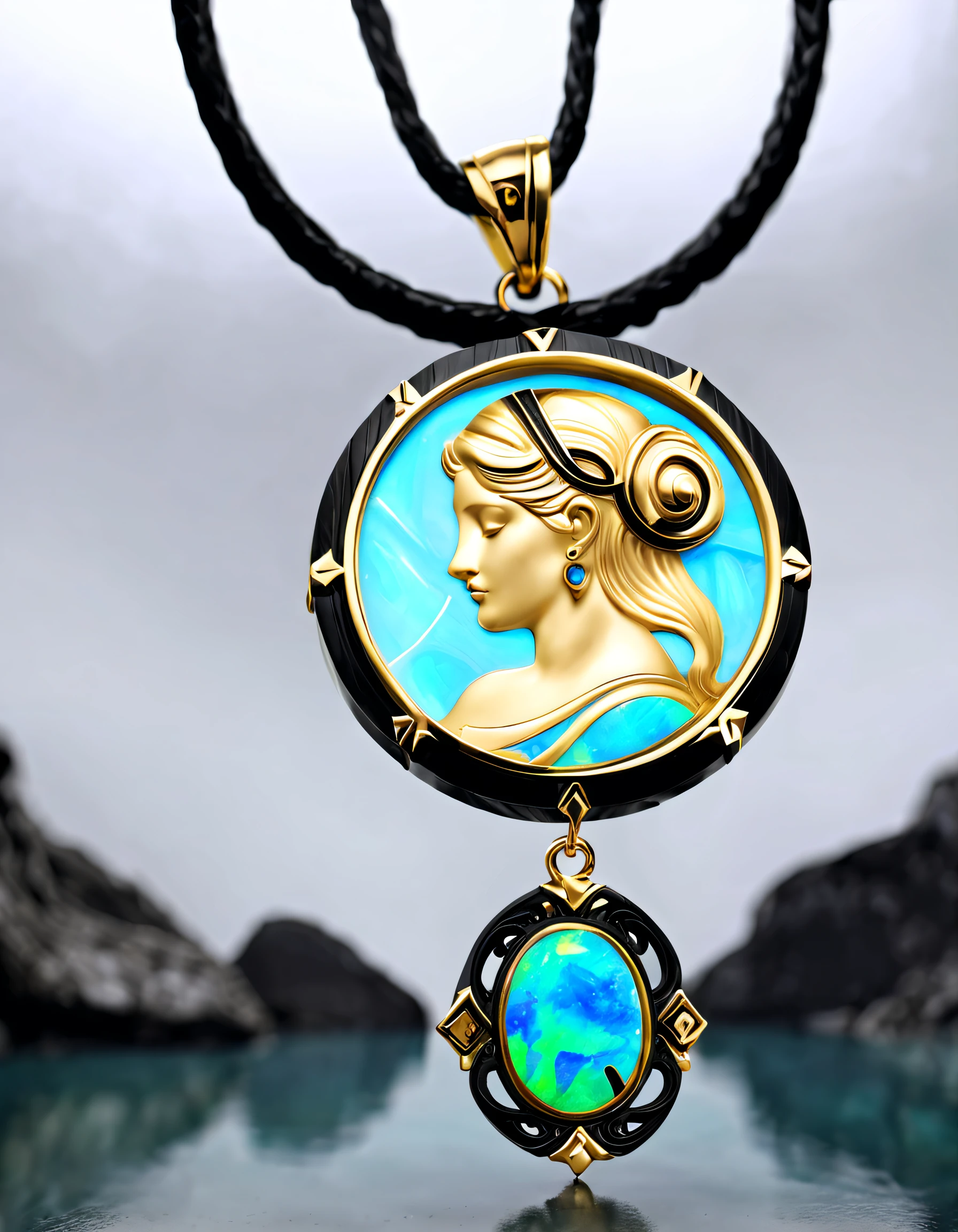 antonio canova style，Item design, Brand design, Logo design, (Abstract Virgo black round pendant), (Golden engraved head of Virgo), (double opal: 1.3), (Virgo horoscope symbol: 1.2), (Cindy Xu letters are engraved on the side), (Black leather rope), (Black gold border: 1.1), Frosted process, Geometric patterns, Black stone, Exquisite and complex structure, Boho Style, Van Cleopal, cartier, Background with: The white, jewelry photography, hyper HD, high qulity,