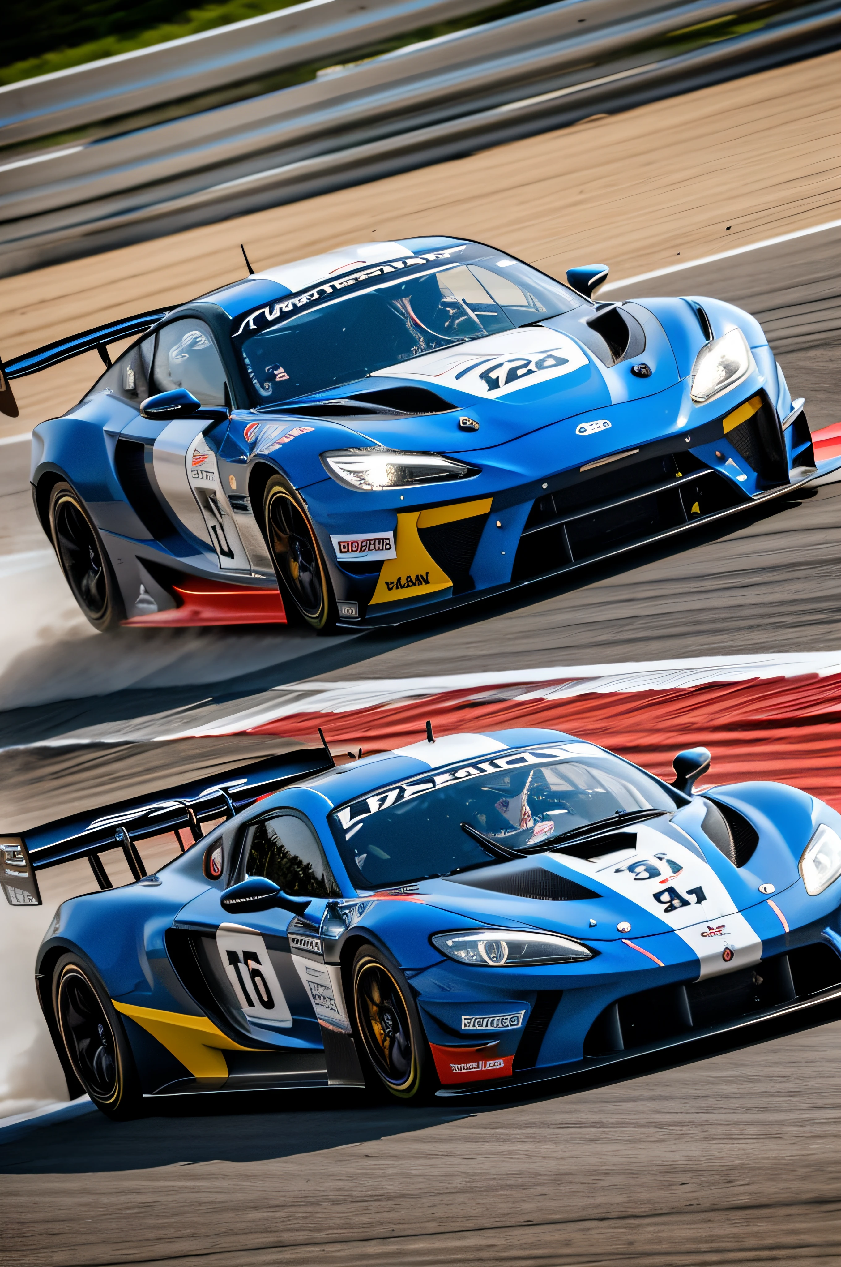 race track, high speed, adrenaline rush, sleek design, aggressive stance, powerful engine, racing tires, aerodynamic body, roaring exhaust, iconic logo, precision handling, intense competition, professional drivers, victory celebration, thrilling experience, dynamic angles, vibrant colors, dramatic lighting, dramatic shadows, fast-paced action, motion blur, atmospheric ambiance, dynamic composition, detailed craftsmanship, automotive masterpiece, cutting-edge technology, automotive enthusiasts, world-class performance, elite racing pedigree, iconic sports car, automotive excellence, ultimate driving experience, exhilarating speed, podium finish, automotive engineering marvel, adrenaline-fueled excitement, fierce competition.