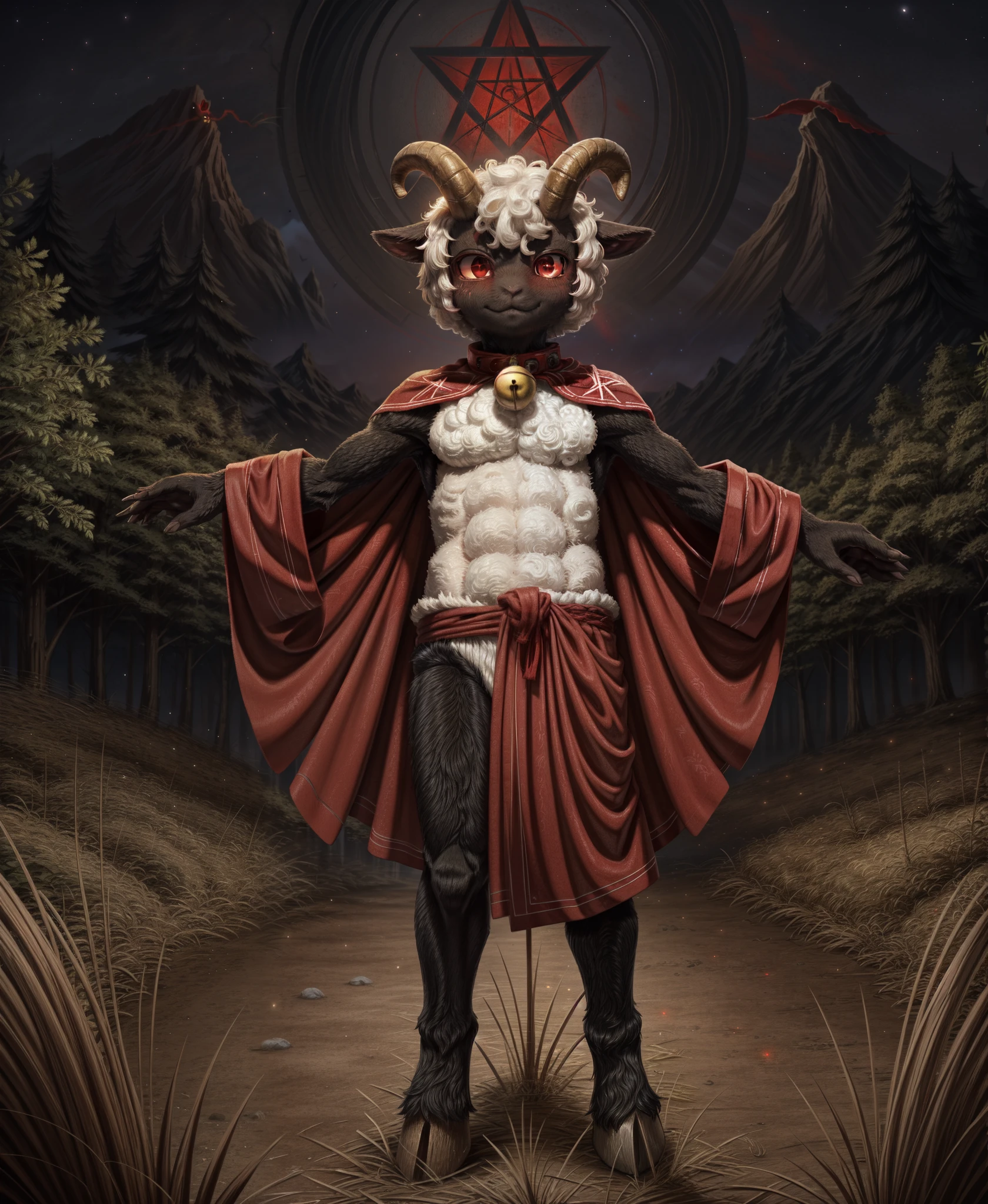 (syuro, dagasi, nezumi \(artist\)), solo, solo focus, male, anthro, (cult of the lamb), lamb \(cult of the lamb\), sheep, red crown \(cult of the lamb\), front view, standing, spread arms, reaching towards viewer, (glowing eyes, ), looking at viewer, (black arms, black legs, white wool, white belly:1.15), red eyes, wool \(fur\), (red clothing, open robe), (horn:1.15), outside, tall grass, grass field, hooves, night, pentagram, bell collar, detailed background,