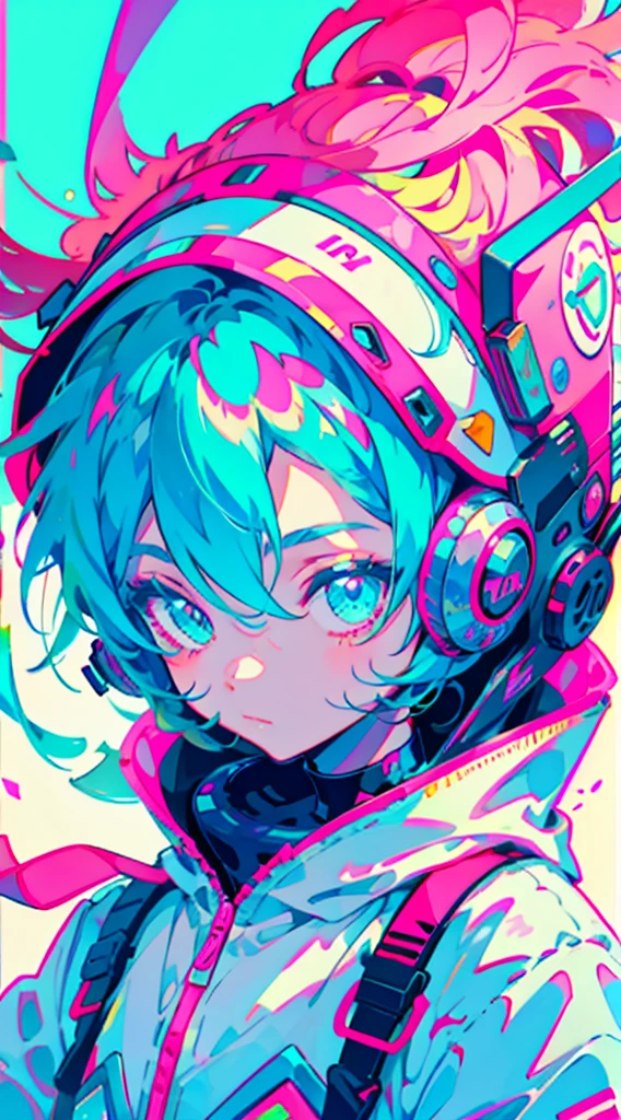 Anime Girl、cute little、2D beautiful girl, Wearing an astronaut suit, Neon blue hair, And pink color, wounds, a sticker, Neon style throughout the shot, Cool pose、detaileds、high-level image quality、Delicate painting、valedictorian、Masterpiece