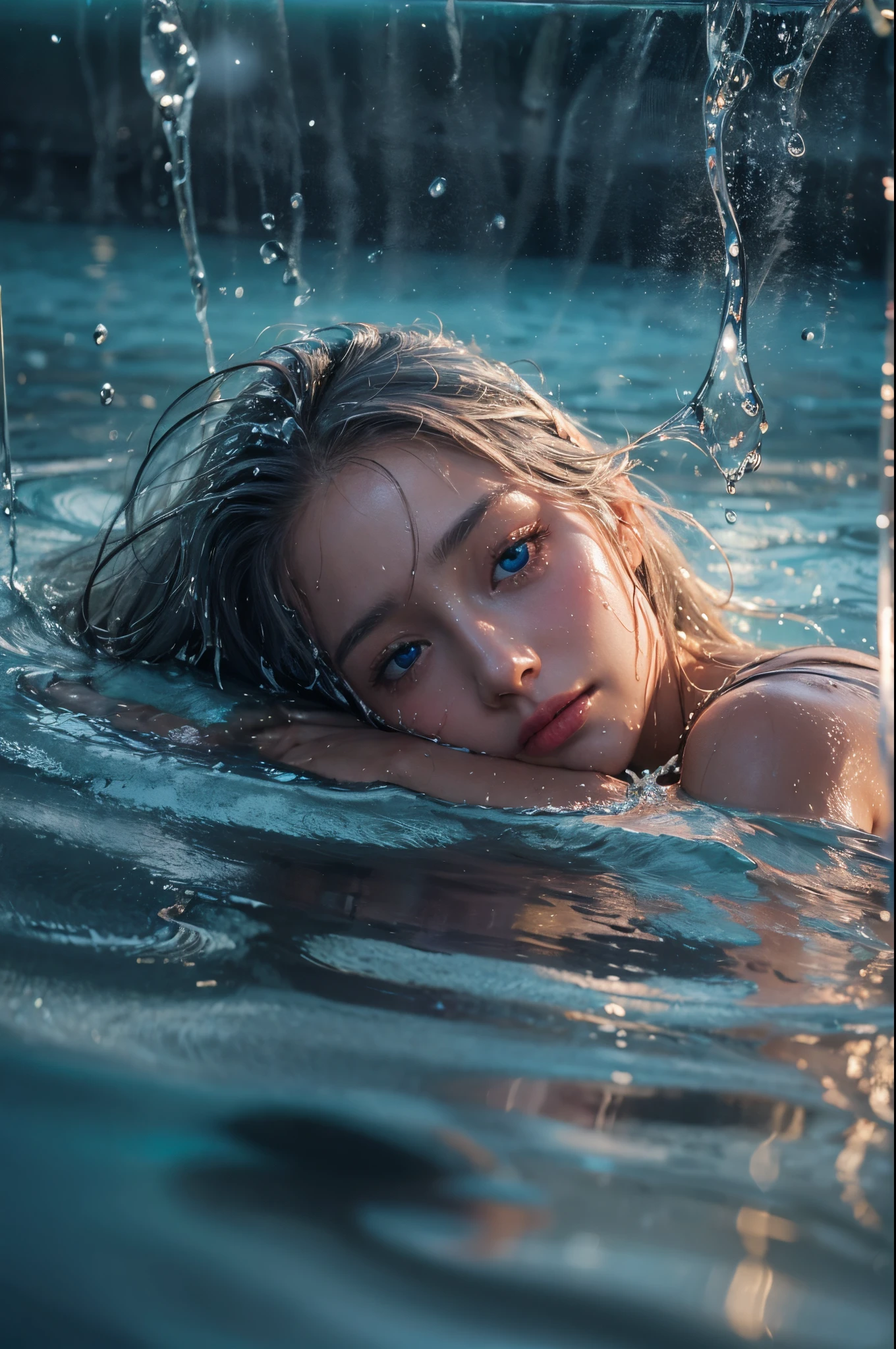 (abstract art:1.5),  (soft light, soft glow:0.8), 25-yo sweden girl, Silver long hair, blue eyes, perfect tanned skin, perfect face, small breasts, wet shirt, night, tranquil atmosphere,liquids:1.3, Floating in the sea,Satisfied face