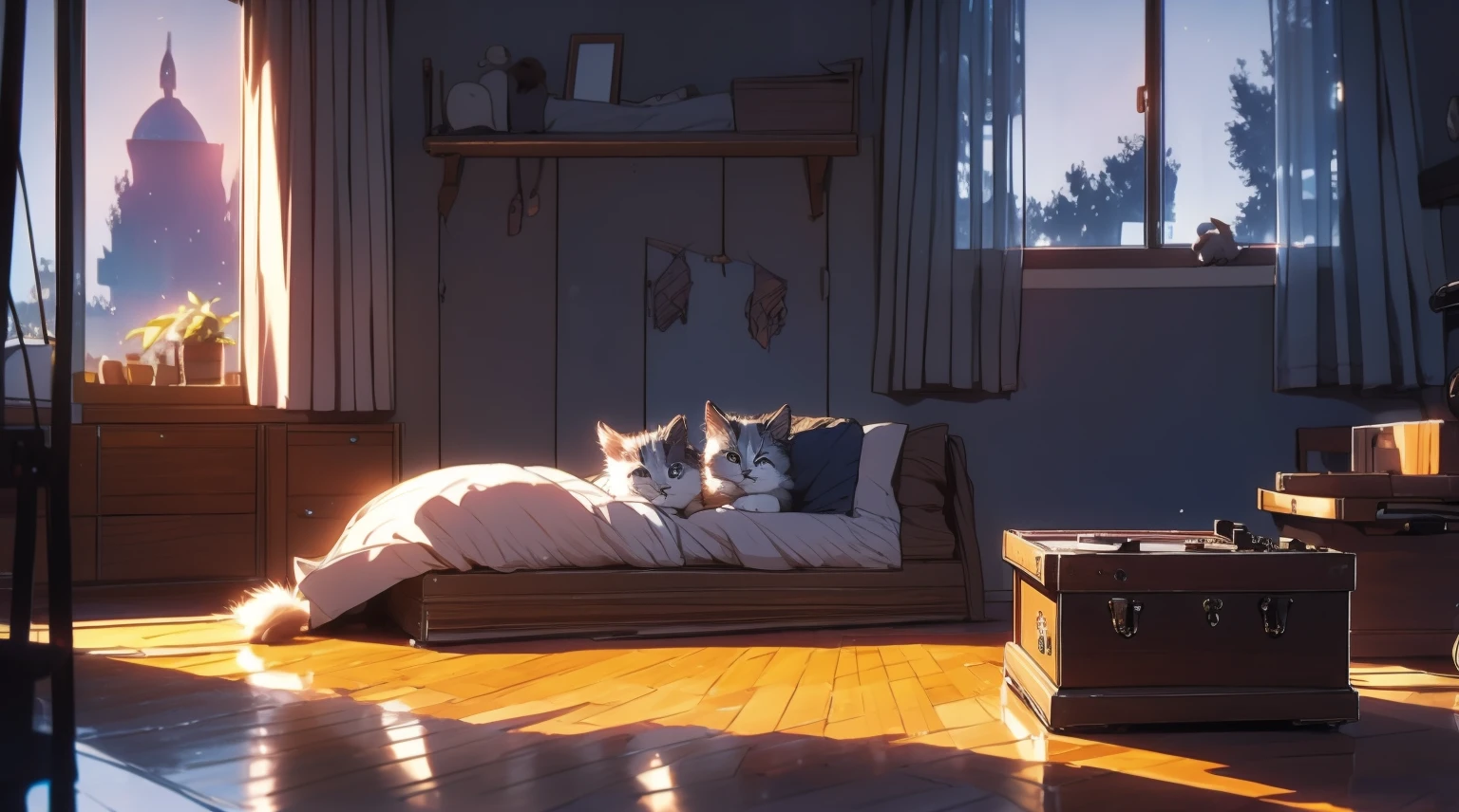 8K, Top  Quality, A dark room with moonlight coming through the window, Girl lying down looking at the window and holding a kitten, Girl looking at music playing, record player