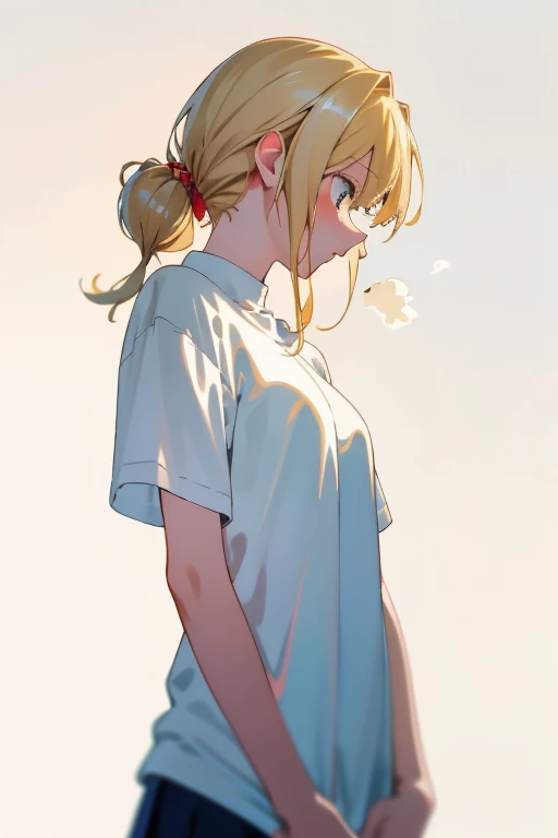 (8K、top-quality、top-quality、​masterpiece、ighly detailed: 1.2)、女の子 1 人、The upper part of the body、femele、full of shyness、Mouth open、at noon、 head-on、blonde  hair、a blond、wearing t-shirts、Pupils、Breasts are big、Facing to the side、profile