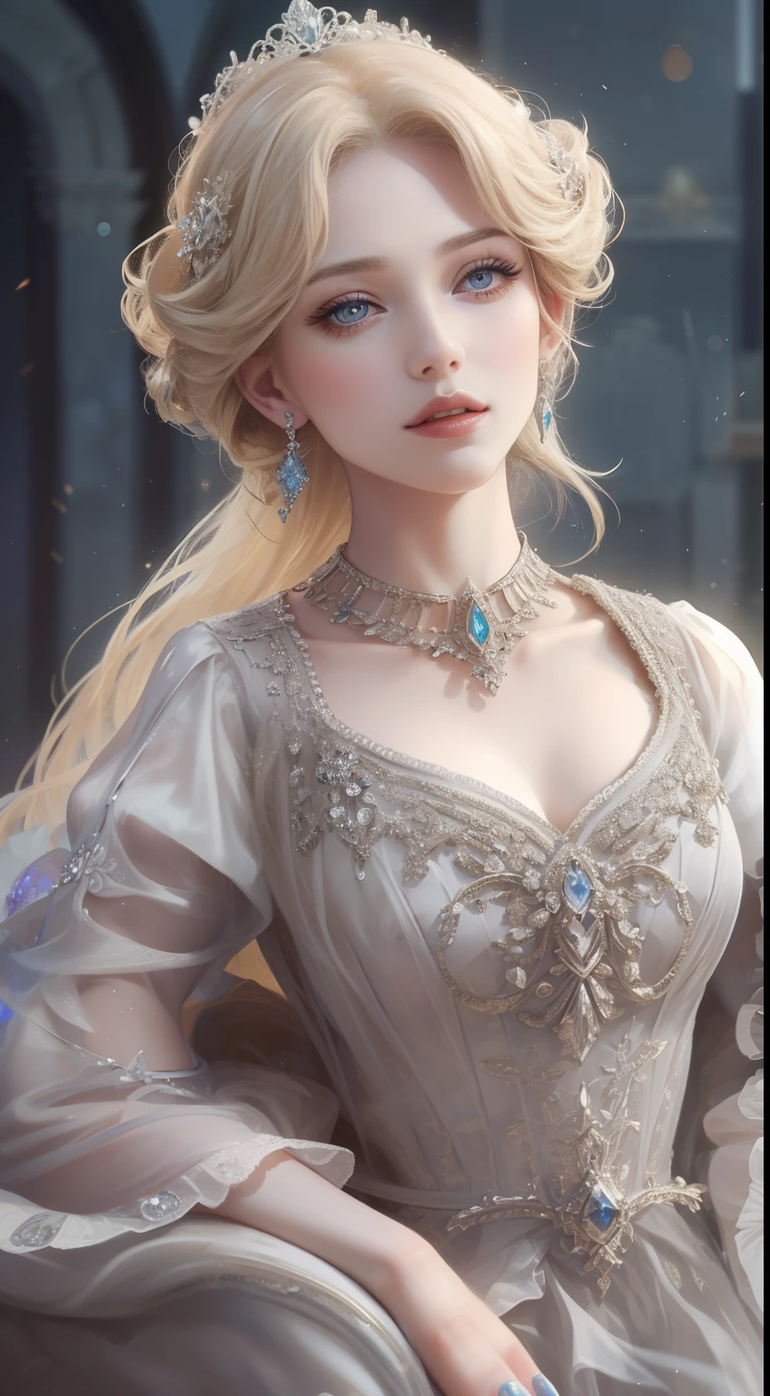 tmasterpiece，Highest high resolution，Dynamic bust of a beautiful aristocratic maiden，Blonde hair，Gray clear eyes，Hair is covered with beautiful and delicate floral craftsmanship, Crystal Jewelry Filigree，Ultra-detailed details，upscaled。