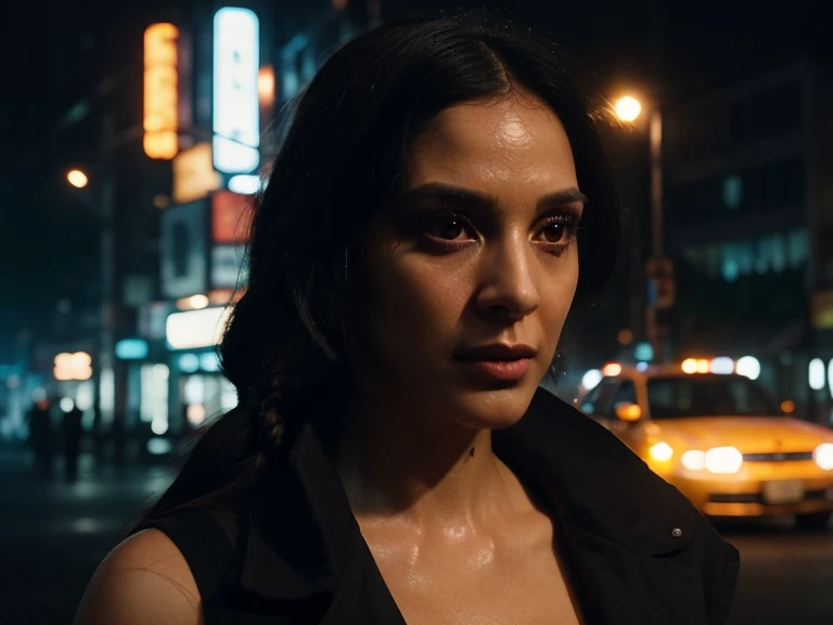Visualize a meticulously crafted 4K cinematic portrait featuring a futuristic young woman, meticulously rendered for facial accuracy and precision. Utilizing a short telephoto lens, the emphasis is on capturing nuanced facial expressions and intricate details with utmost professionalism. The neon-lit cyberpunk ambiance draws inspiration from renowned artists such as Beeple and Simon Stålenhag, as well as cinematic masterpieces like "Blade Runner 2049" and "Ghost in the Shell." Careful attention is paid to lighting, incorporating neon lights, volumetric light, and an ambient glow from LED braids to evoke a sophisticated and immersive atmosphere. This portrait is a seamless fusion of technological allure and cinematic finesse, showcasing a level of professionalism and visual sophistication akin to high-end cinematic productions.