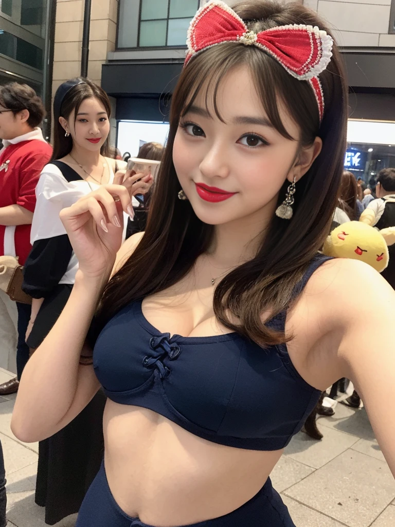 in 8K、(Ultra-realistic images)、ultra-detailliert、masterpiece、a picture、Top image quality、(((top-quality)))、strong light from the front、japanes、femele、Short-cut brown hair、navy blue underwear with frills、Cute smile、((large boob:1.2))、((Pocchari body type:1.2))、Beautiful Finger、Bright red lipstick、big earrings and beautiful headband、Harajuku's Takeshita Street、huge crowd