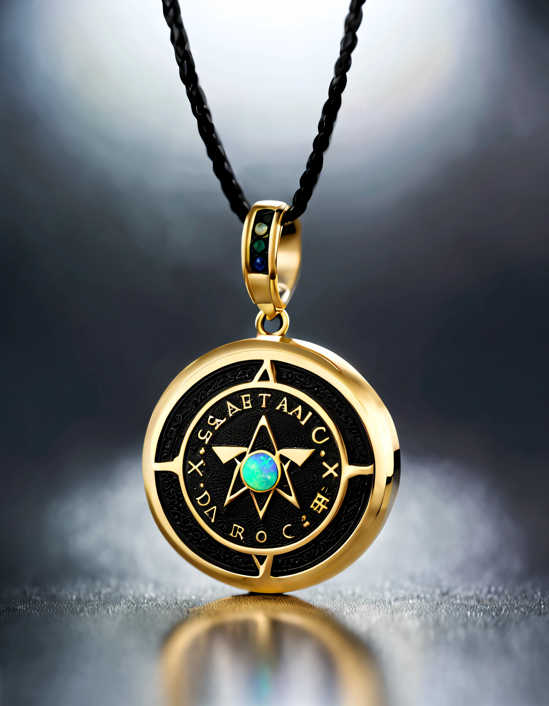 antonio canova style，Item design, Brand design, Logo design, (Abstract Sagittarius black round pendant), (Engraved golden head of Sagittarius), (double opal: 1.3), (Sagittarius zodiac symbol: 1.2), (Cindy Xu letters are engraved on the side), (Black leather rope), (Black gold border: 1.1), Frosted process, Geometric patterns, Black stone, Exquisite and complex structure, Boho Style, Van Cleopal, cartier, Background with: The white, jewelry photography, hyper HD, high qulity,