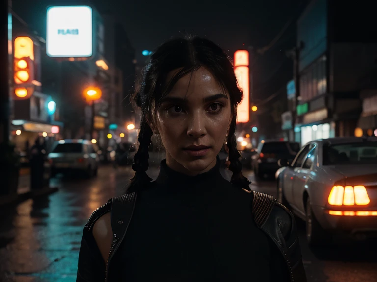 Imagine a 4K cinematic portrait meticulously crafted to capture the modern and cutting-edge essence of a futuristic young woman with unparalleled accuracy and precision. Employing a short telephoto lens, every facial expression and intricate detail is portrayed with meticulous attention to ensure a face that is both authentic and refined. The cyberpunk atmosphere, drawing inspiration from artists like Beeple and Simon Stålenhag, as well as cinematic classics such as "Blade Runner 2049" and "Ghost in the Shell," is executed with precision. Neon lighting, volumetric light, and the ambient glow from LED braids contribute to an immersive and visually captivating atmosphere. With heightened resolution, every nuance of the subject's face is portrayed with unparalleled accuracy, delivering a portrait that is not only futuristic but also exquisitely detailed and precise.