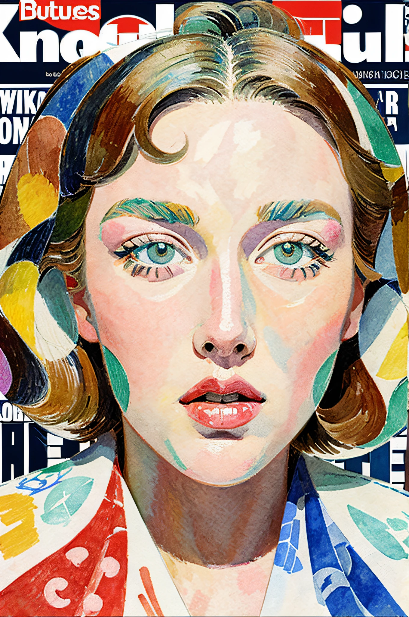 Sketched, watercolor paiting, Collage of Picasso and Robert Delaunay, cubism, Abstract, Cute daughter, big clear blue eyes, Little red cheeks, Blonde long-haired, Face-centric, Against the backdrop of newspapers and fashion magazines, Intricate Brushwork, high-level image quality, A breathtaking masterpiece