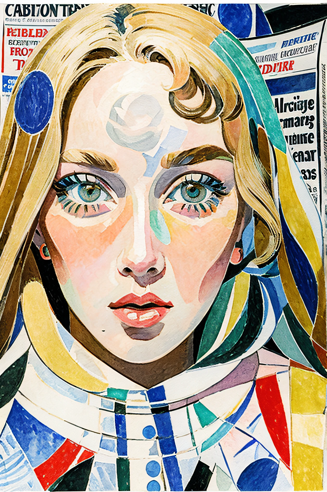 Sketched, watercolor paiting, Collage of Picasso and Robert Delaunay, cubism, Abstract, Cute daughter, big clear blue eyes, Little red cheeks, Blonde long-haired, Face-centric, Against the backdrop of newspapers and fashion magazines, Intricate Brushwork, high-level image quality, A breathtaking masterpiece