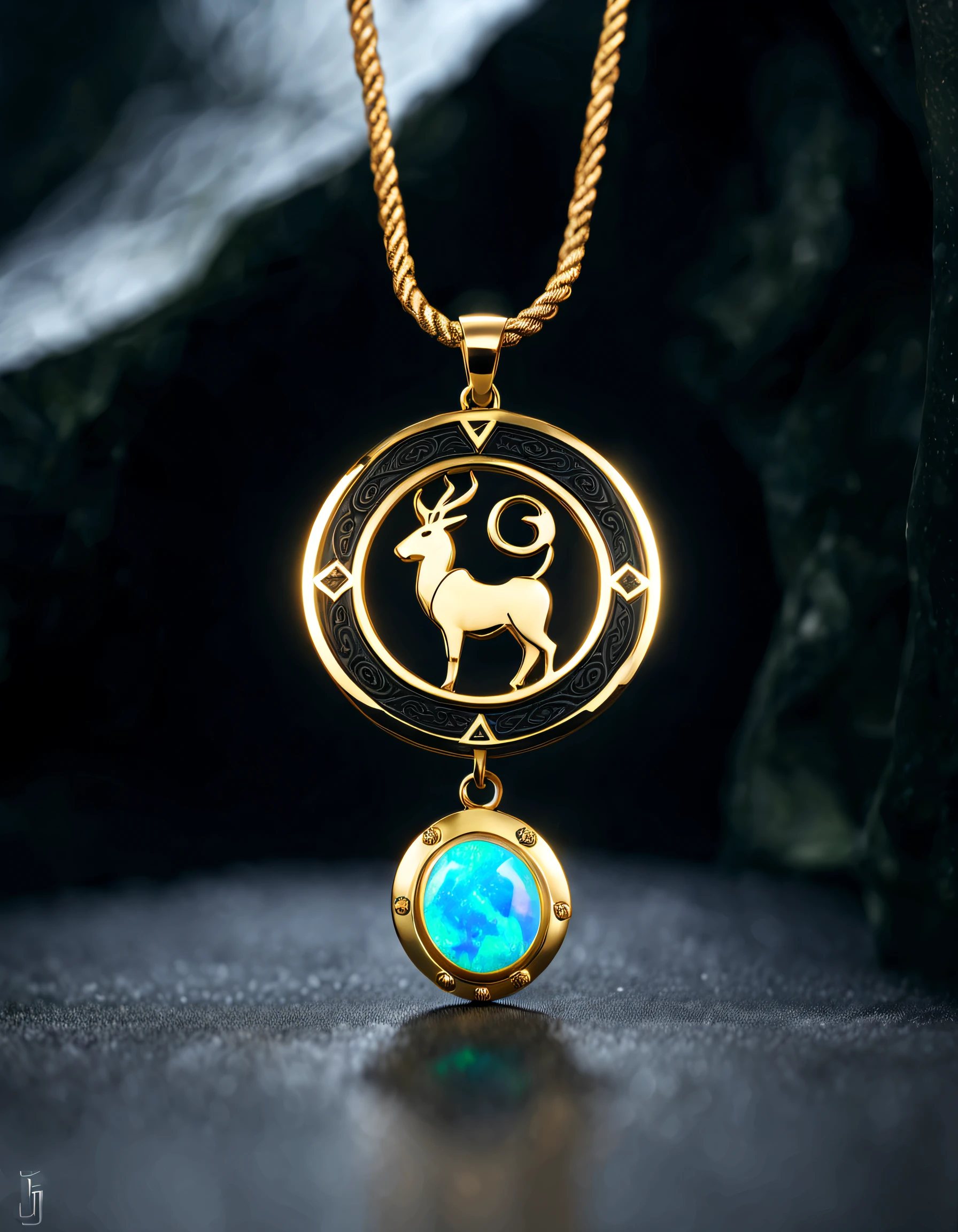 antonio canova style，Item design, Brand design, Logo design, (Abstract Capricorn black round pendant), (Gold Capricorn head), (double opal: 1.3), (Capricorn horoscope symbol: 1.2), (Cindy Xu letters are engraved on the side), (Black leather rope), (Black gold border: 1.1), Frosted process, Geometric patterns, Black stone, Exquisite and complex structure, Boho Style, Van Cleopal, cartier, Background with: The white, jewelry photography, hyper HD, high high quality,