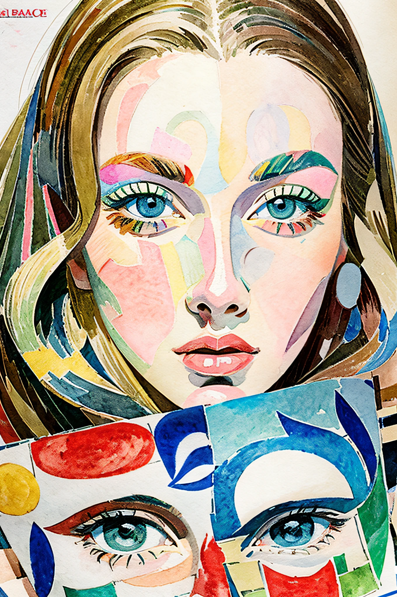 Sketched, watercolor paiting, Collage of Picasso and Robert Delaunay, cubism, Abstract, Cute daughter, big clear blue eyes, Little red cheeks, Blonde long-haired, Face-centric, Against the backdrop of newspapers and fashion magazines, Intricate Brushwork, high-level image quality, A breathtaking masterpiece