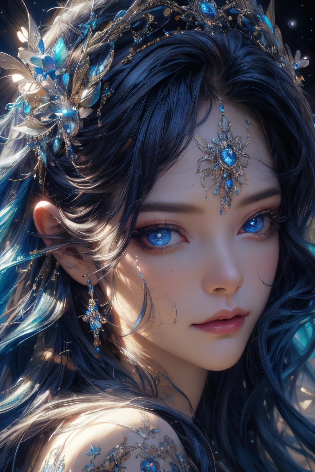 Incredibly detailed, high resolution, best quality, masterpiece:1.2, realistic, detailed eyes, detailed lips, extremely detailed eyes and face, long eyelashes, portrait, oil painting, cosmic, goddess, particles, halo, bioluminescent:0.95, vibrant, colorful, glowing, intricate composition, cinematic lighting, complex, symmetrical:0.5, surreal.