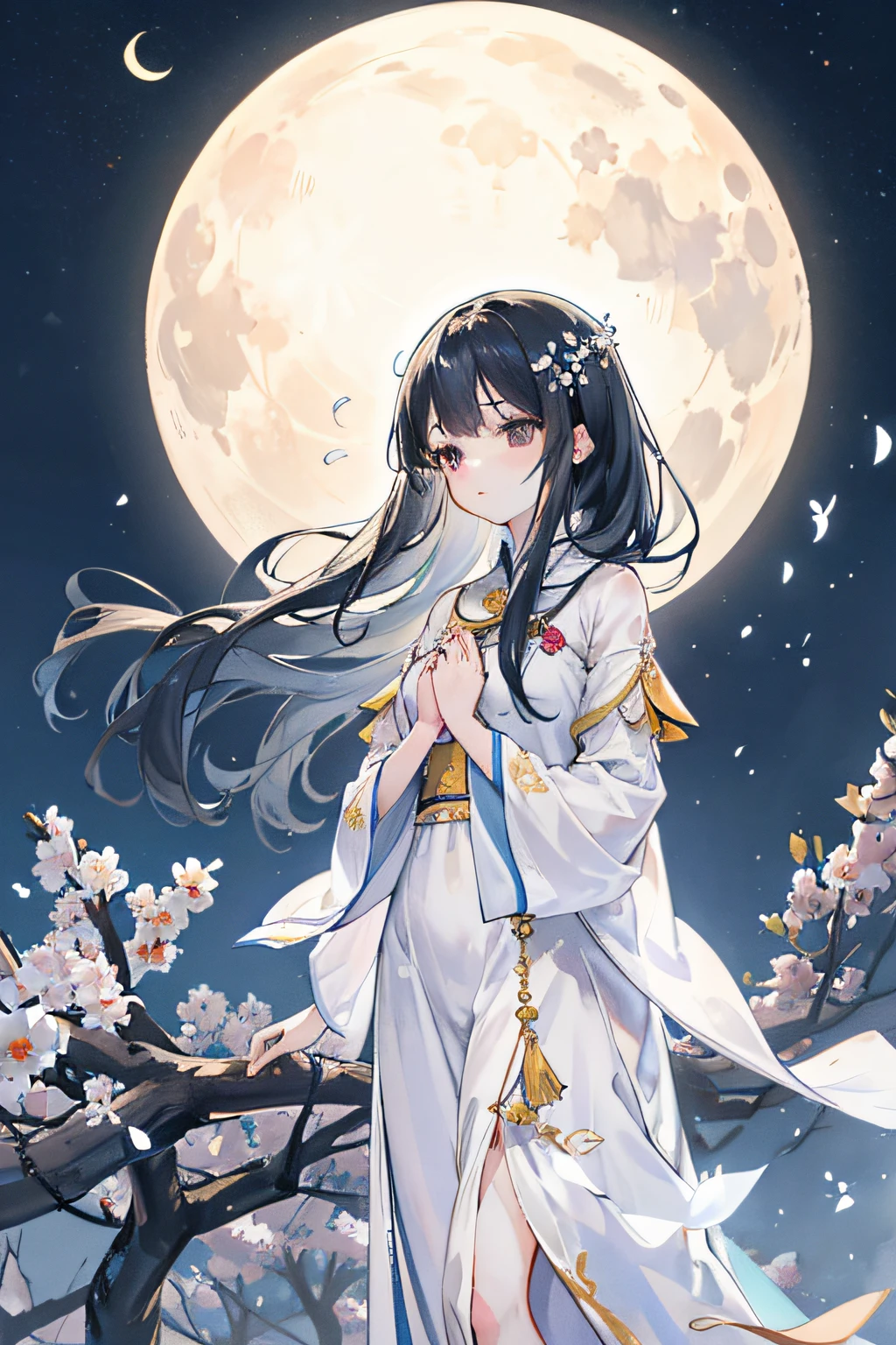 Describe a towering osmanthus tree，The branches are full of fragrant white osmanthus flowers。 Under the osmanthus tree，Depicts a girl standing，She was wearing a thin and elegant long dress，Facing the bright moon，and lightly touched the tree trunk with his hands。 Highlight the atmosphere and mood of the night，Use soft warm colors，like bright moonlight and faint stars。 The painting should highlight the girl’s prayer and hope for the moon，Can use imagery to express her wishes。 Add details to your work，Like leaves being blown by the breeze or a bird sitting on a tree trunk，Bring the picture to life。