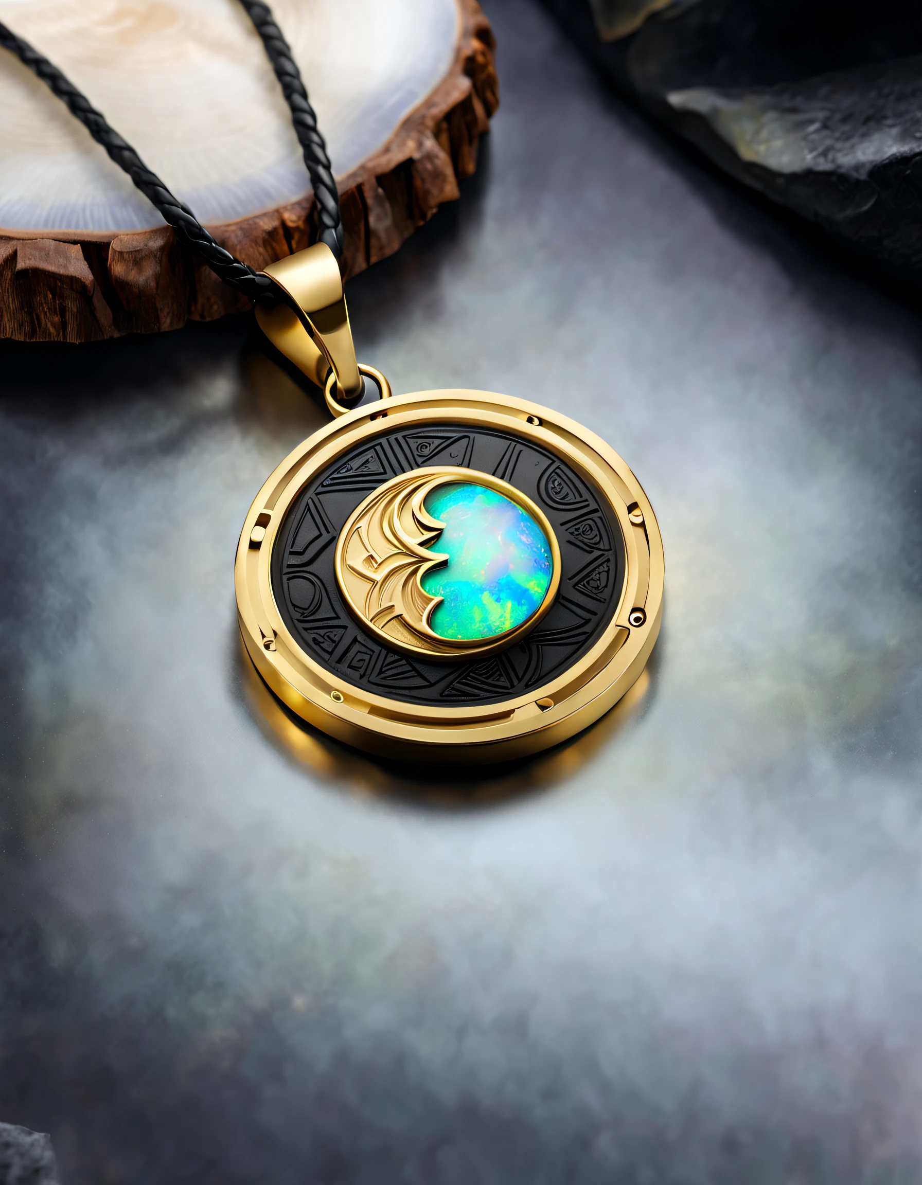 Item design, brand design, logo design,
(A black and gold circular abstract pendant of Capricorn), (engraved with a golden Capricorn pattern), (a double opal: 1.3), (Capricorn constellation symbol: 1.2), (pendant side engraved with the letter Cindy Xu), (black leather rope), (black and gold border: 1.1), frosted craftsmanship, geometric pattern, black stone, exquisite and complex structure, Bohemian style, Van Cleopard, Cartier,
Background: White, jewelry photography, ultra-high definition, high quality,