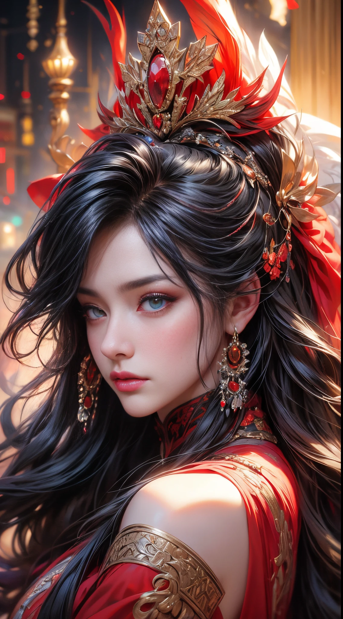 1 beautiful devil woman from hell, In the Dark: 1.6), surreal female portrait by David Hockney and Alphonse Mucha, fantasy art, korea doll, photorealism, dynamic lighting, artstation, poster, volumetric lighting, very detailed faces, 8k ultra, Awarded, in the dark, deep shadow, low key, cowboy lens, (Red phoenix dress: 1.4), long hair, black hair, bust, luxurious palace, Royal style, devil crown, red eyes make up very sharp and detailed, The most beautiful face, The breasts are very big and round and round, Super realistic, chinese women's clothing, polo neck sweater, Charming smile, The eyes are very well made up, guweiz, devil style, wearing black mesh socks, Ponytail with a bow tied at the back of the hair, Red black lips, Devil tattoo on shoulder, wearing a thin red and black robe, the landscape is overcast and thunderous, (Portrait), Close-up of the main character, (Background details 1.8),