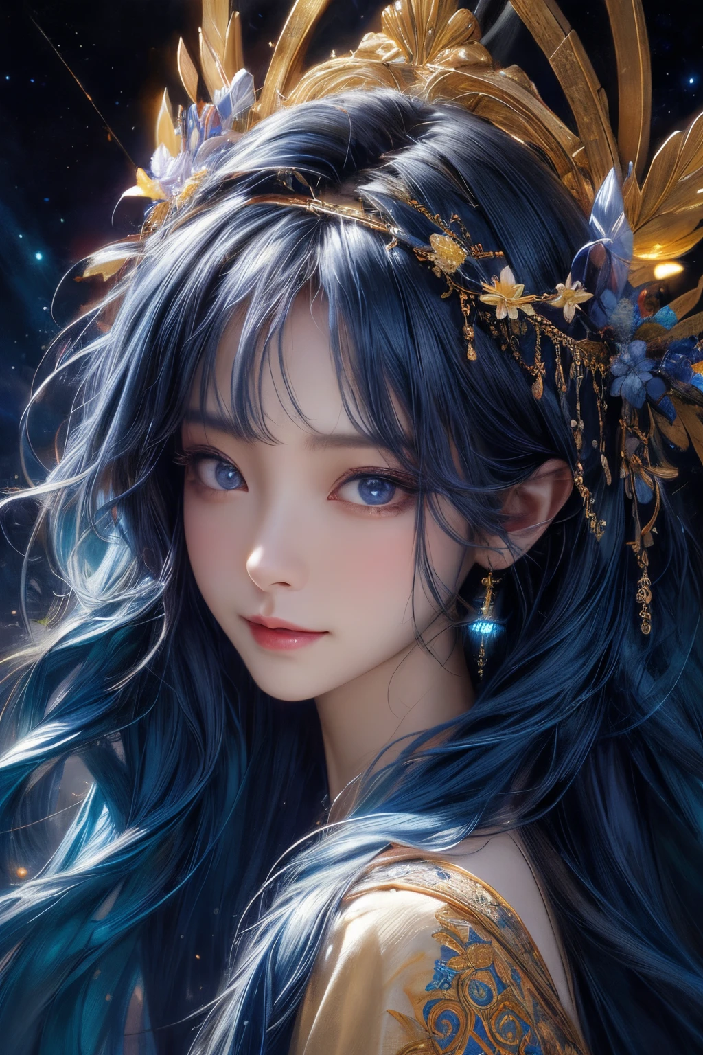The is very detailed, A high resolution, Best quality at best, tmasterpiece:1.2, actual, 詳細な目, 詳細な唇, Extremely detailed eyes and face, Long eyelashes, sportrait, oil painted, cosmic, goddes, Particle, The halo, Bio-luminescence:0.95, A vibrant, Colorful, glowing, Complex composition, 电影灯光, Complex, Symmetrical:0.5, Surreal.