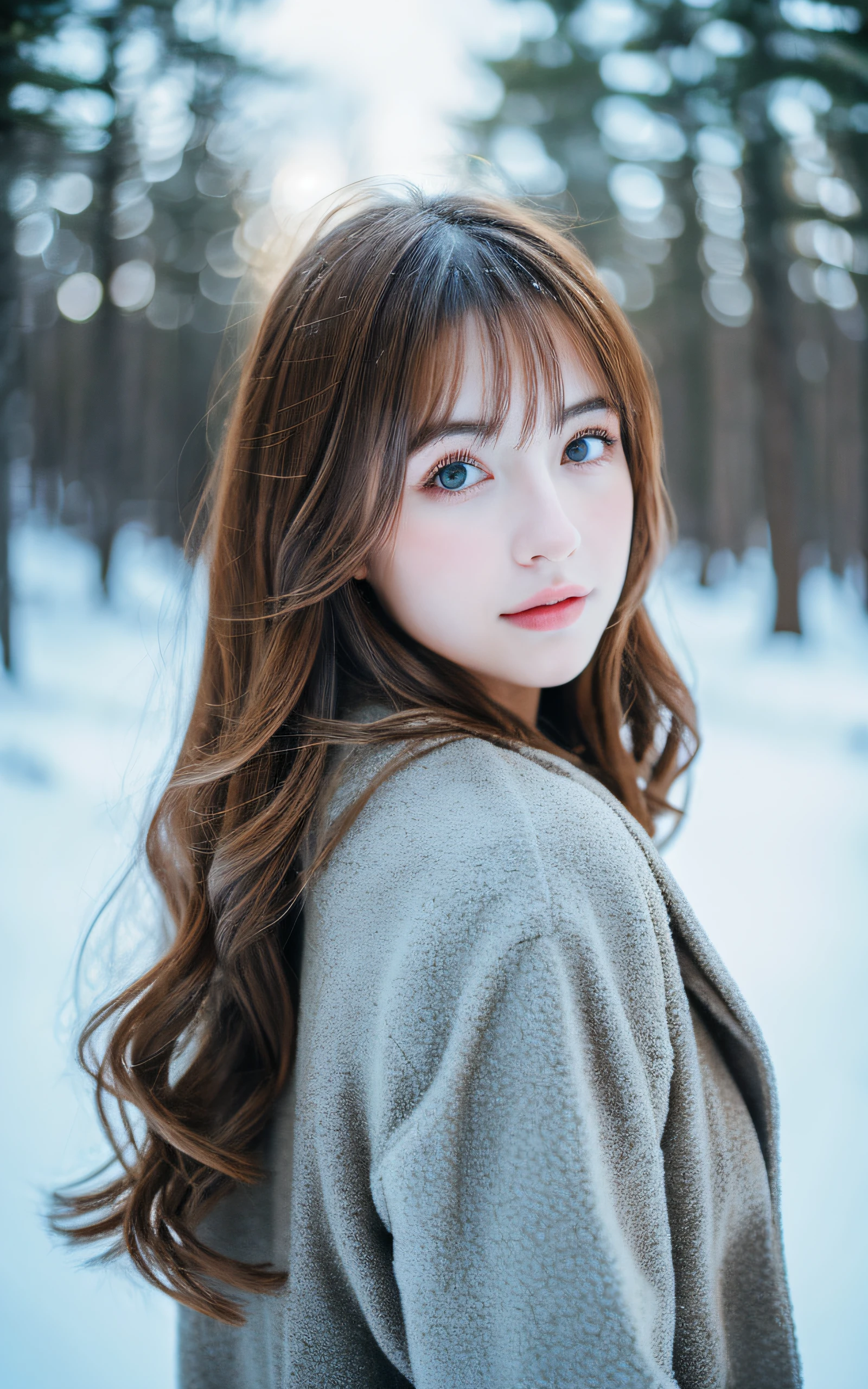 masterpiece, Best Quality, 8K, 1 girl, 20 yo, medium breast, cuddly, Solo, sad, Snowy landscape, forest covered with snow, Cute, Girly, Delicate girl, Neat and clean beauty, Raw photo, Professional Photography, Portrait, Soft light, Professional Lighting, Back lighting, Upper body, look forward to your eyes, Sophisticated, Film grain, (Eyes and faces with detailed:1.0), medium length floating hair, beautiful brown flowing hair, warm winter jacket
