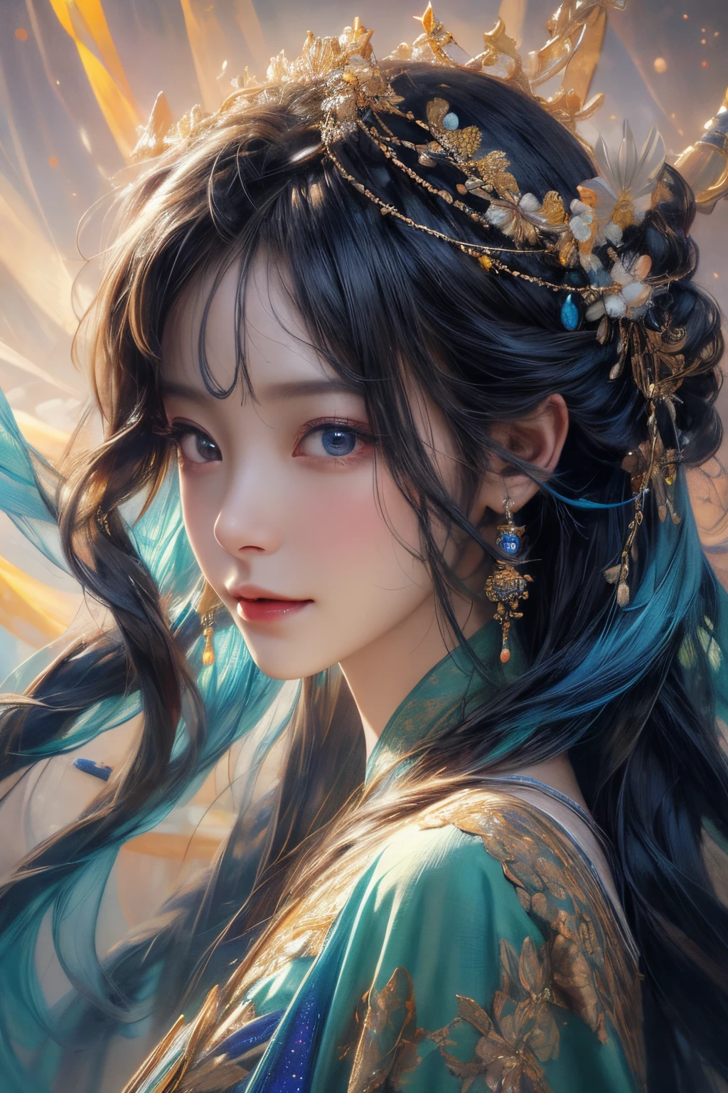 The is very detailed, A high resolution, Best quality at best, tmasterpiece:1.2, actual, 詳細な目, 詳細な唇, Extremely detailed eyes and face, Long eyelashes, sportrait, oil painted, cosmic, goddes, Particle, The halo, Bio-luminescence:0.95, A vibrant, Colorful, glowing, Complex composition, 电影灯光, Complex, Symmetrical:0.5, Surreal.