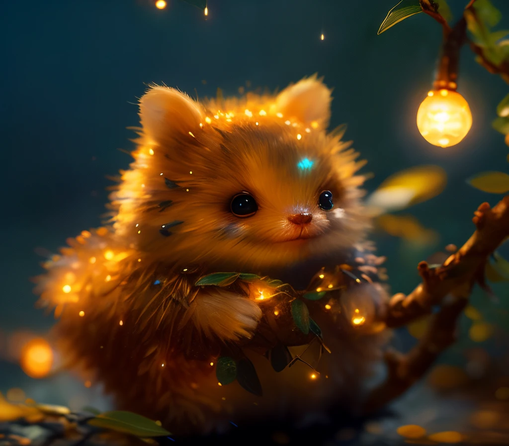 closeup angle of cute tiny little glowworms illuminating a bush, a detailed painting, cgsociety, detailed painting, artstation hd, high detail, cgsociety, photorealism, concept art, artstation hd, official art, bokeh