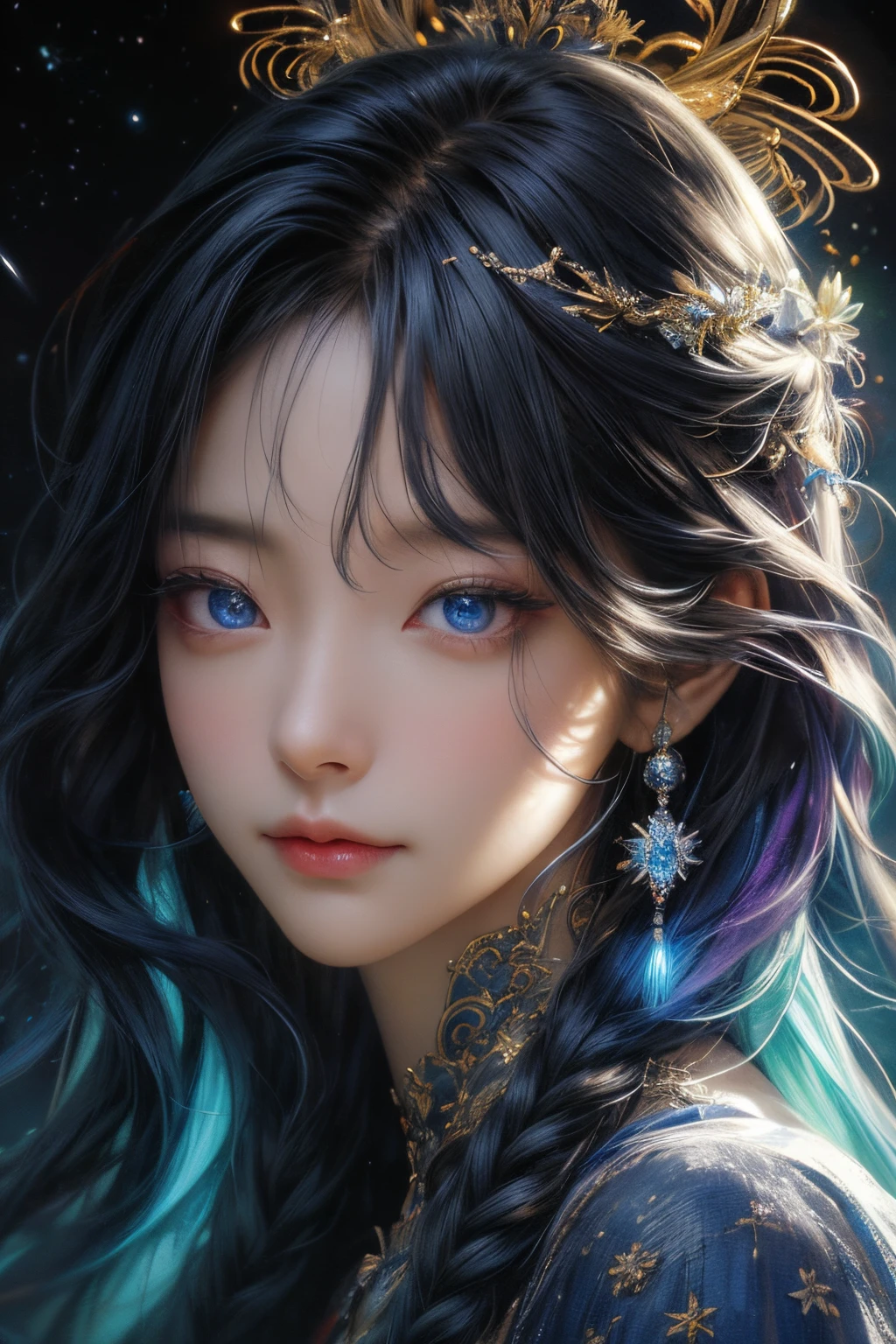 The is very detailed, A high resolution, Best quality at best, tmasterpiece:1.2, actual, 詳細な目, 詳細な唇, Extremely detailed eyes and face, Long eyelashes, sportrait, oil painted, cosmic, goddes, Particle, The halo, Bio-luminescence:0.95, A vibrant, Colorful, glowing, Complex composition, 电影灯光, Complex, Symmetrical:0.5, Surreal.