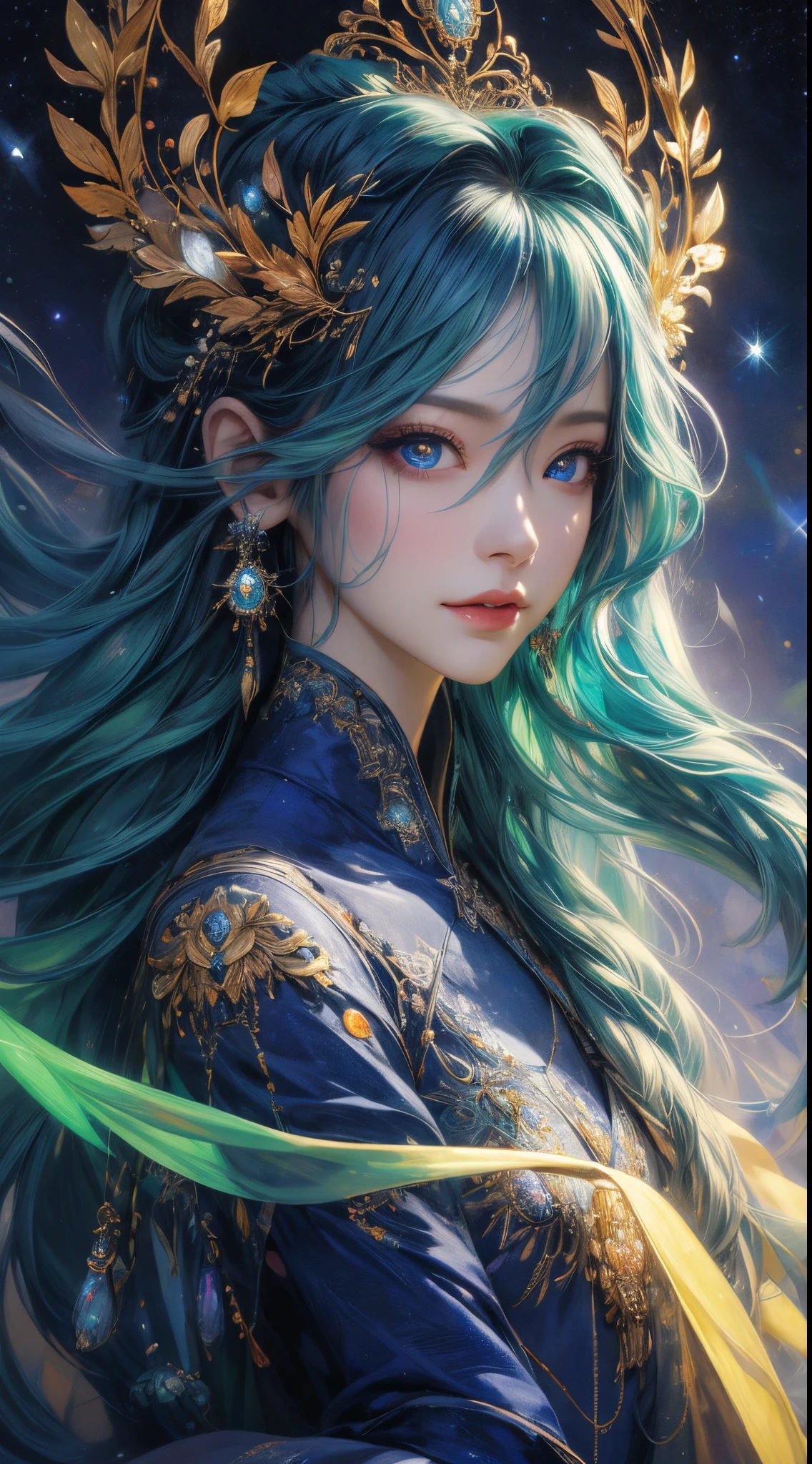 The content is very detailed, A high resolution, Best quality, tmasterpiece:1.2, actual, 詳細な目, detailed lips, Extremely detailed eyes and face, Long eyelashes, sporty attire, oil painted, cosmic, welcoming, Particle, The halo, Bio-luminescence:0.95, A vibrant one, Colorful, glowing, complex composition, 电影灯光, Complex, Symmetrical:0.5, Surreal.