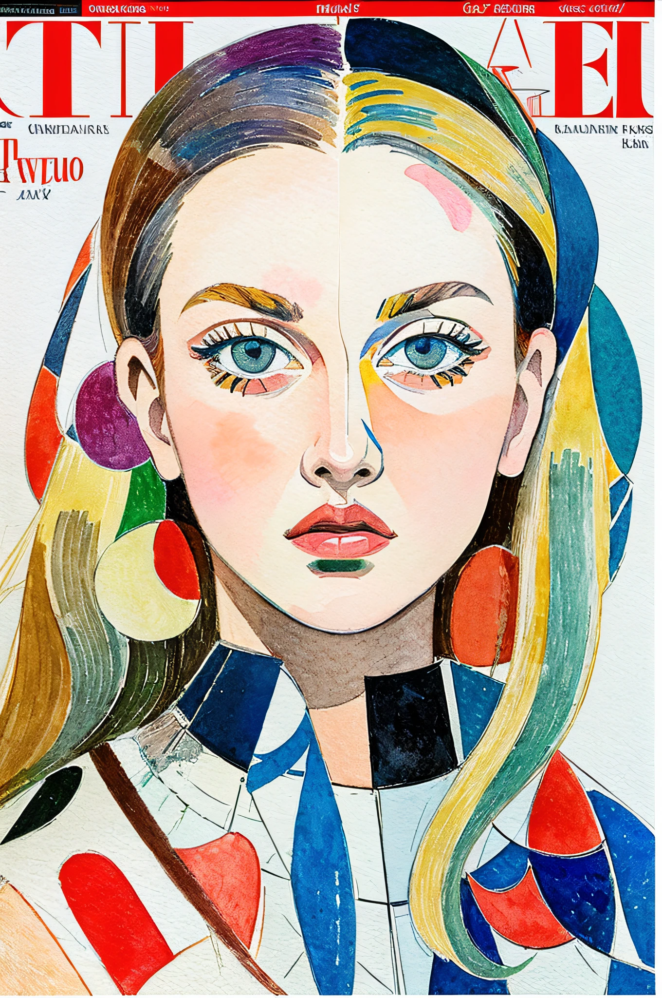 Sketched, watercolor paiting, Collage of Picasso and Robert Delaunay, cubism, Abstract, Cute daughter, big clear blue eyes, Little red cheeks, Blonde long-haired, Face-centric, Against the backdrop of newspapers and fashion magazines, Intricate Brushwork, high-level image quality, A breathtaking masterpiece