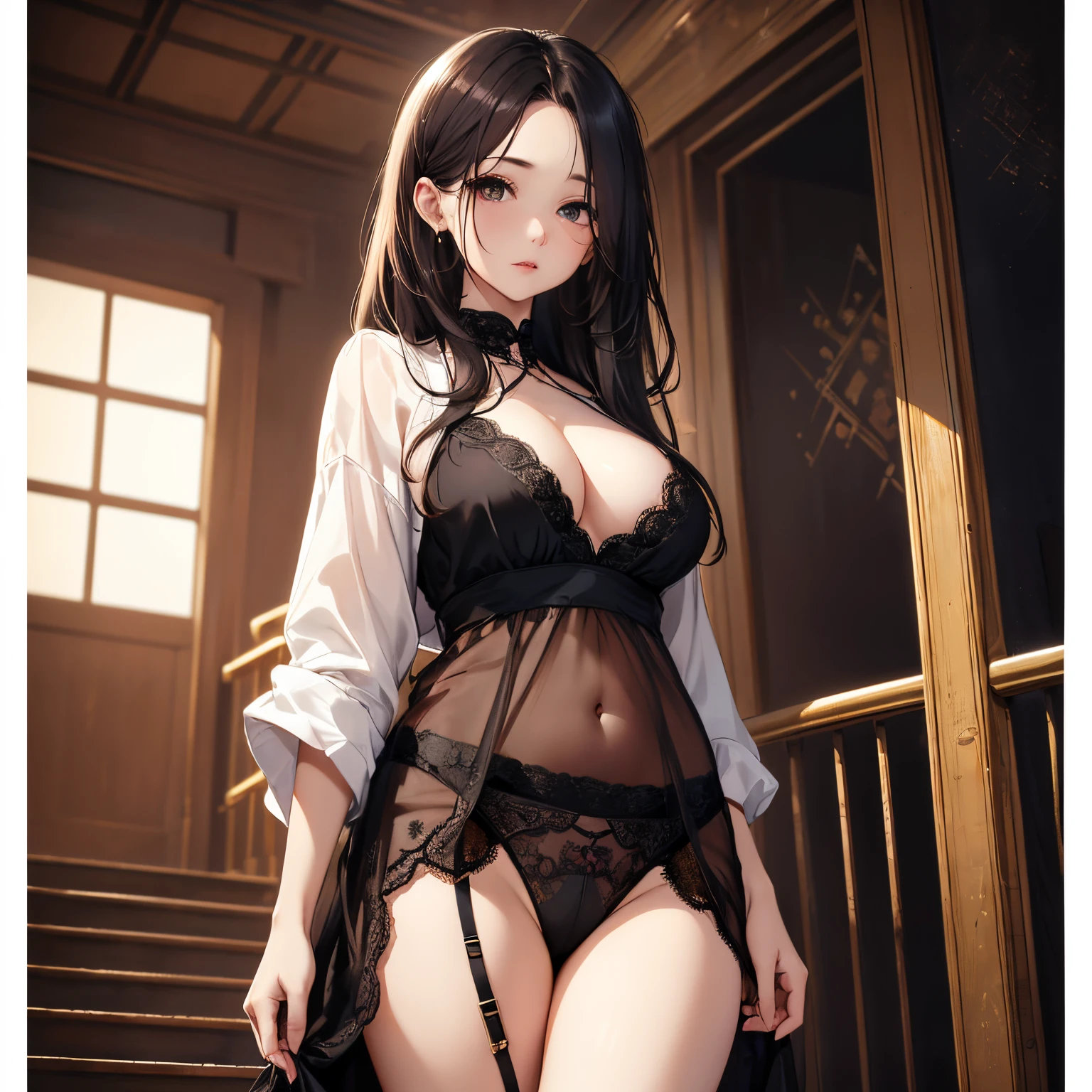(from below1.3), super high quality, (8k, RAW photo, realistic), wearing long shirt, hem lift, black lace panty, wind, (white short messy hair, forehead, hair over one eye), cute woman, shining gold big eyes, annoying sexy expressions, red sexy thick lips, medium breasts, slender, perfect proportion, background stairs