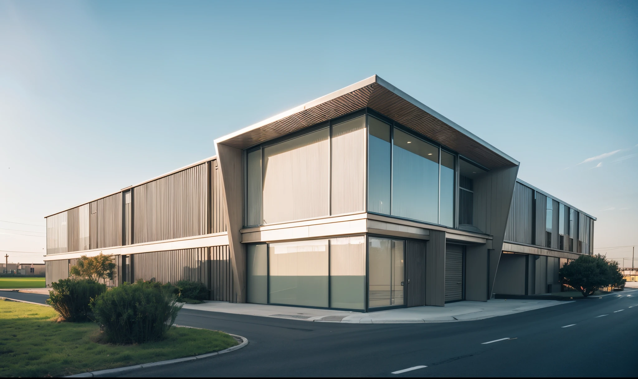 (((tmasterpiece))),((Best quality)),Award-winning architectural exterior design，building exterior，Factory Appearance，Industrial plants，glass,steel , aluminium，Asphalt pavement，grassy fields，Octagon rendering, ray traycing, The content is very detailed，hyper realisitc，Hyper Real