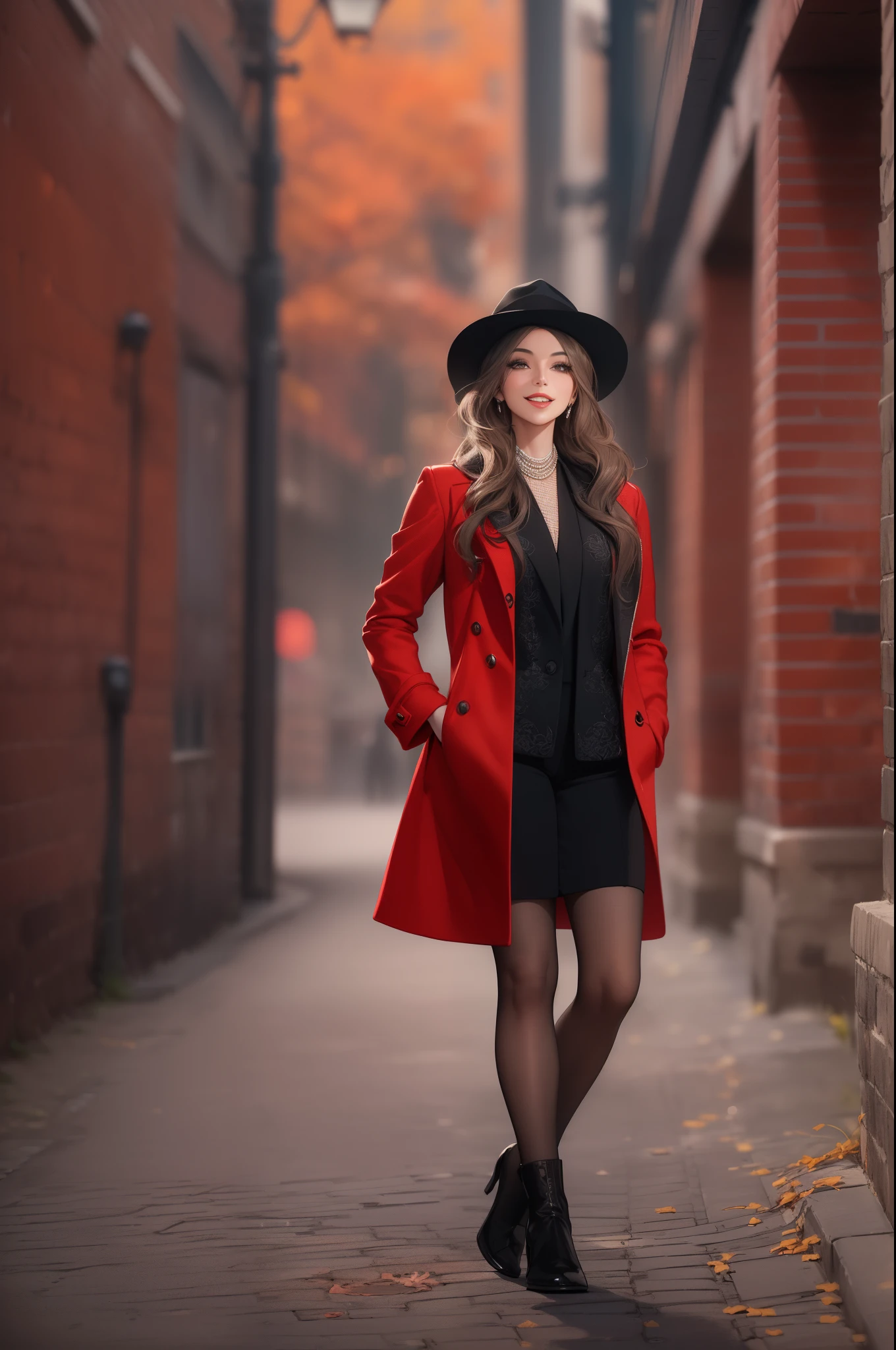 (happy woman in black coat,red hat,posing for picture:1.1,70mm portrait:1.1,fashion model:1.2)+ (best quality,4k,8k,highres,masterpiece:1.2),ultra-detailed,(realistic,photorealistic,photo-realistic:1.37),vivid colors,studio lighting+(portraits,fashion photography,concept artists)+ (black and red,dramatic lighting,muted tones)+ (smiling face,expressive eyes,beautiful detailed lips)+(long black coat,stylish red hat,posing with confidence)+(urban setting,brick wall background,fall season ambiance)+(striking pose,eye-catching composition,model confident and chic in style)+(sophisticated fashion,high-end clothing,expensive accessories)+(sharply focused shot,crisp details,clear and defined lines)+(minimalist makeup,elegant hairstyle,perfectly styled hair)+(dynamic and energetic vibe,positive and happy expression,joyful mood).