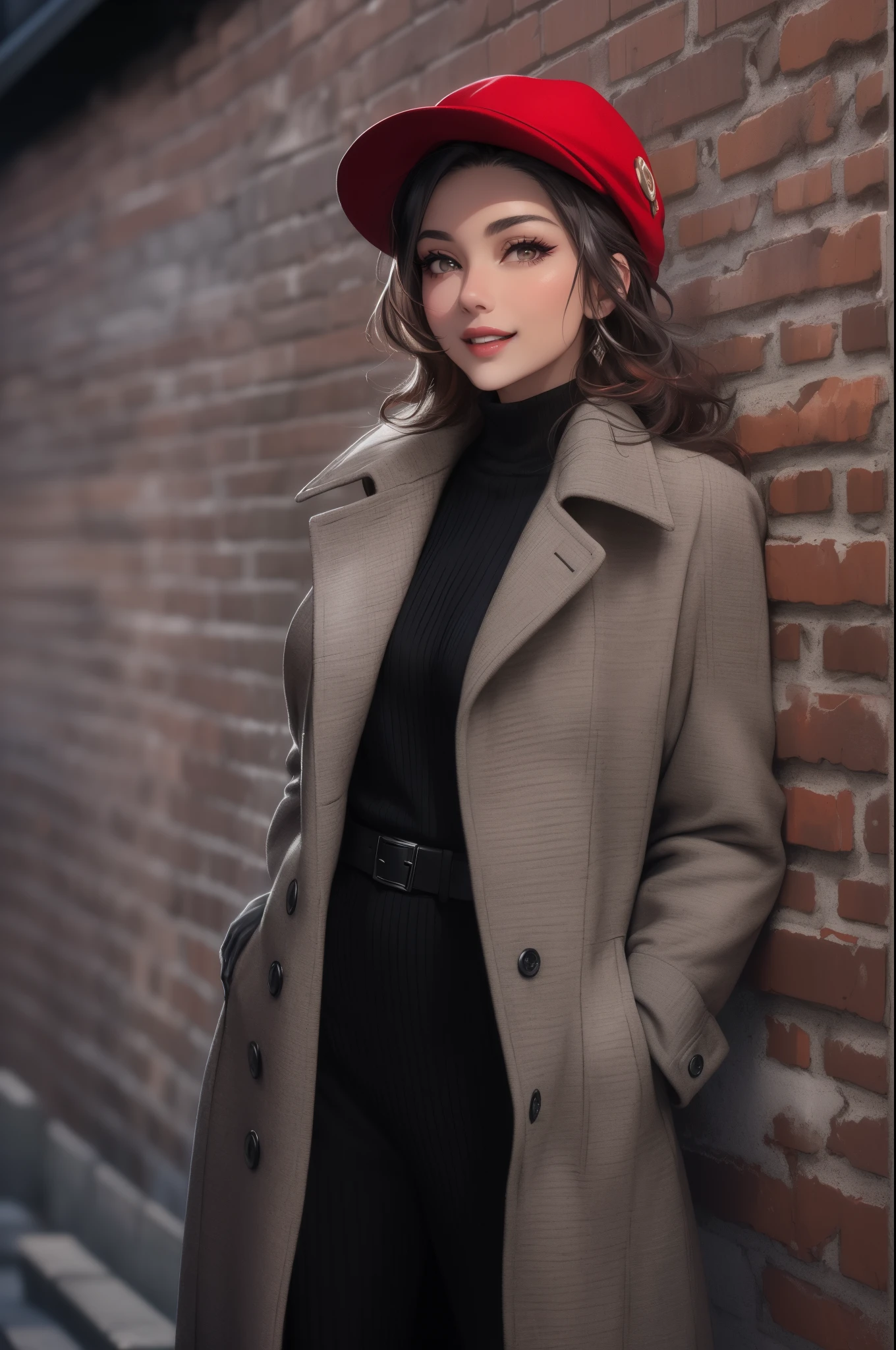 (happy woman in black coat,red hat,posing for picture:1.1,70mm portrait:1.1,fashion model:1.2)+ (best quality,4k,8k,highres,masterpiece:1.2),ultra-detailed,(realistic,photorealistic,photo-realistic:1.37),vivid colors,studio lighting+(portraits,fashion photography,concept artists)+ (black and red,dramatic lighting,muted tones)+ (smiling face,expressive eyes,beautiful detailed lips)+(long black coat,stylish red hat,posing with confidence)+(urban setting,brick wall background,fall season ambiance)+(striking pose,eye-catching composition,model confident and chic in style)+(sophisticated fashion,high-end clothing,expensive accessories)+(sharply focused shot,crisp details,clear and defined lines)+(minimalist makeup,elegant hairstyle,perfectly styled hair)+(dynamic and energetic vibe,positive and happy expression,joyful mood).