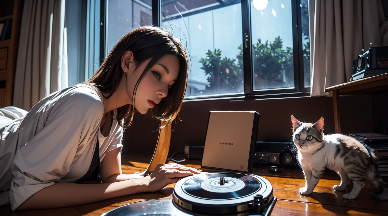 8K, Top Quality, A room in the middle of the night with moonlight coming through the window, Girl lying down looking at the window and holding a kitten, the record player is running