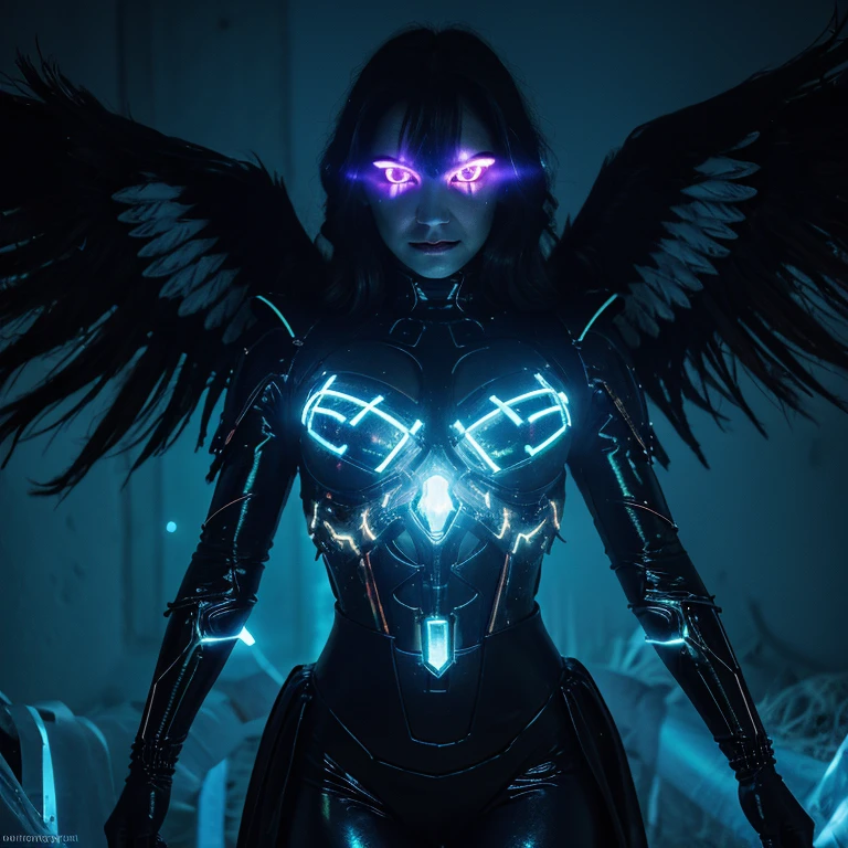 Cosmic Fallen Angel, glowing light eyes, Biomechanical, eerie, Creepy, nightmarish, Very bright colors, Light particles, with light glowing, Mshiff, wallpaper art, UHD wallpaper