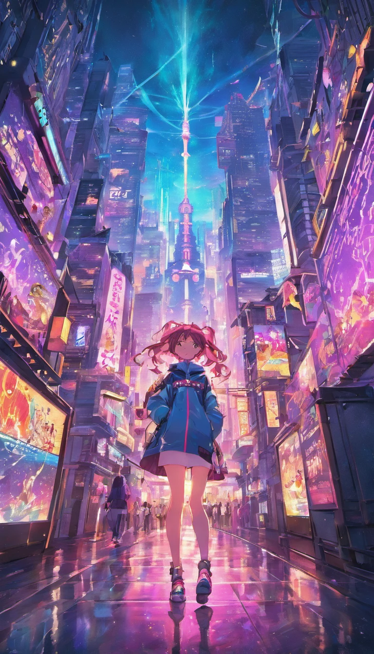 Vast cyberpunk cityscape, Towering spiers and holographic billboards light up the night sky.
