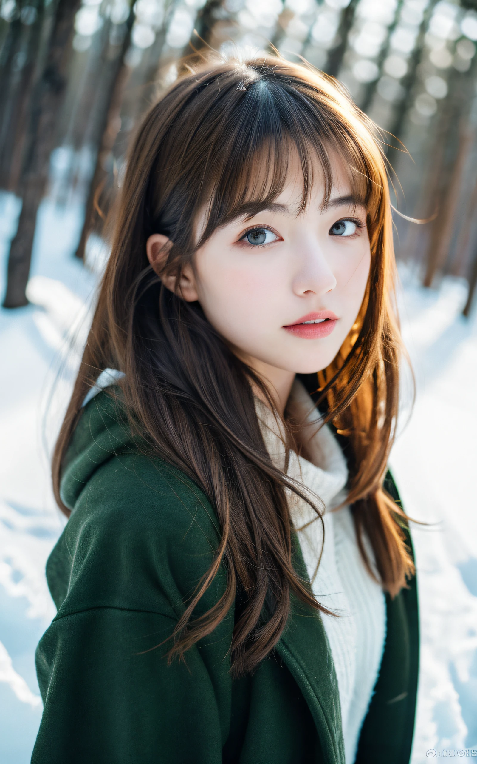 masterpiece, Best Quality, 8K, 1 girl, 20 yo, medium breast, cuddly, Solo, sad, Snowy landscape, forest covered with snow, Cute, Girly, Delicate girl, Neat and clean beauty, Raw photo, Professional Photography, Portrait, Soft light, Professional Lighting, Back lighting, Upper body, look forward to your eyes, Sophisticated, Film grain, (Eyes and faces with detailed:1.0), medium length floating hair, beautiful brown flowing hair, warm winter jacket