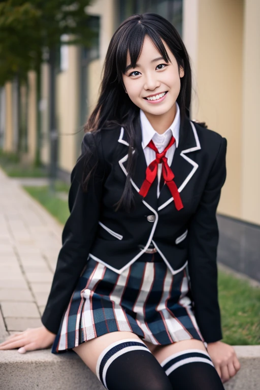 High School Girl, Baby face, long, uniform, checked skirt, high socks, campus, Smile, Japanese、Sit up、