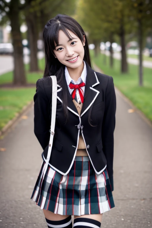 (masterpiece, best quality:1.2), cowboy shot, solo, 1girl, yukinoshita yukino, smile, open mouth, looking at viewer, cute pose, school uniform, black jacket, plaid skirt, black stockings
