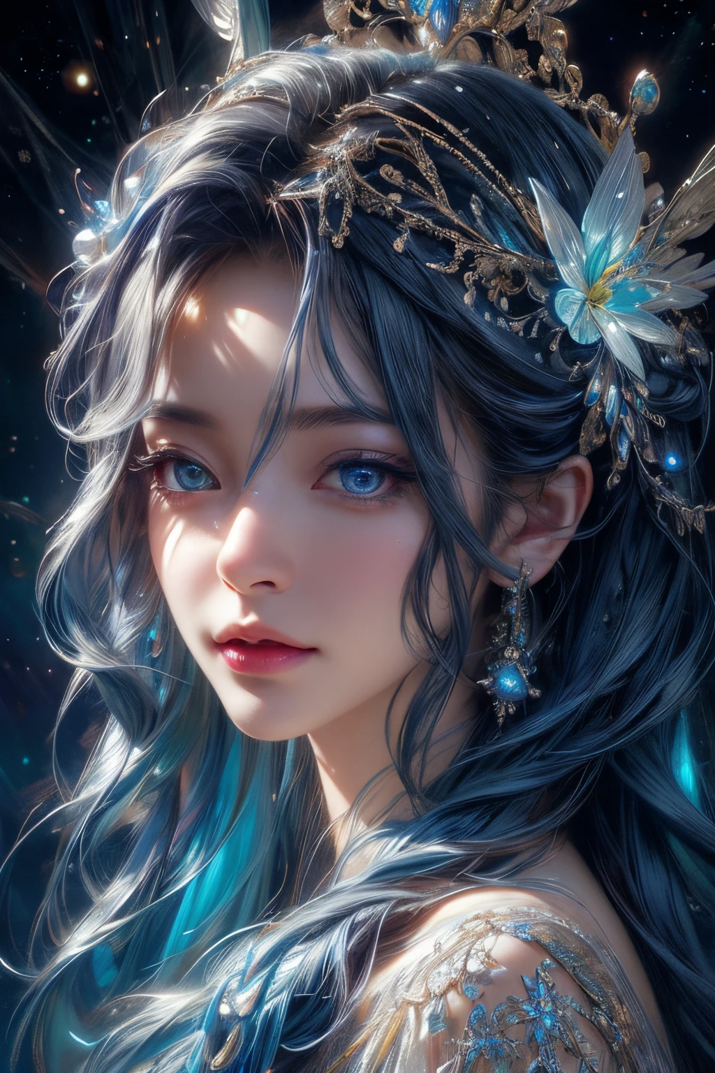 Incredibly detailed, high resolution, best quality, masterpiece:1.2, realistic, detailed eyes, detailed lips, extremely detailed eyes and face, long eyelashes, portrait, oil painting, cosmic, goddess, particles, halo, bioluminescent:0.95, vibrant, colorful, glowing, intricate composition, cinematic lighting, complex, symmetrical:0.5, surreal.