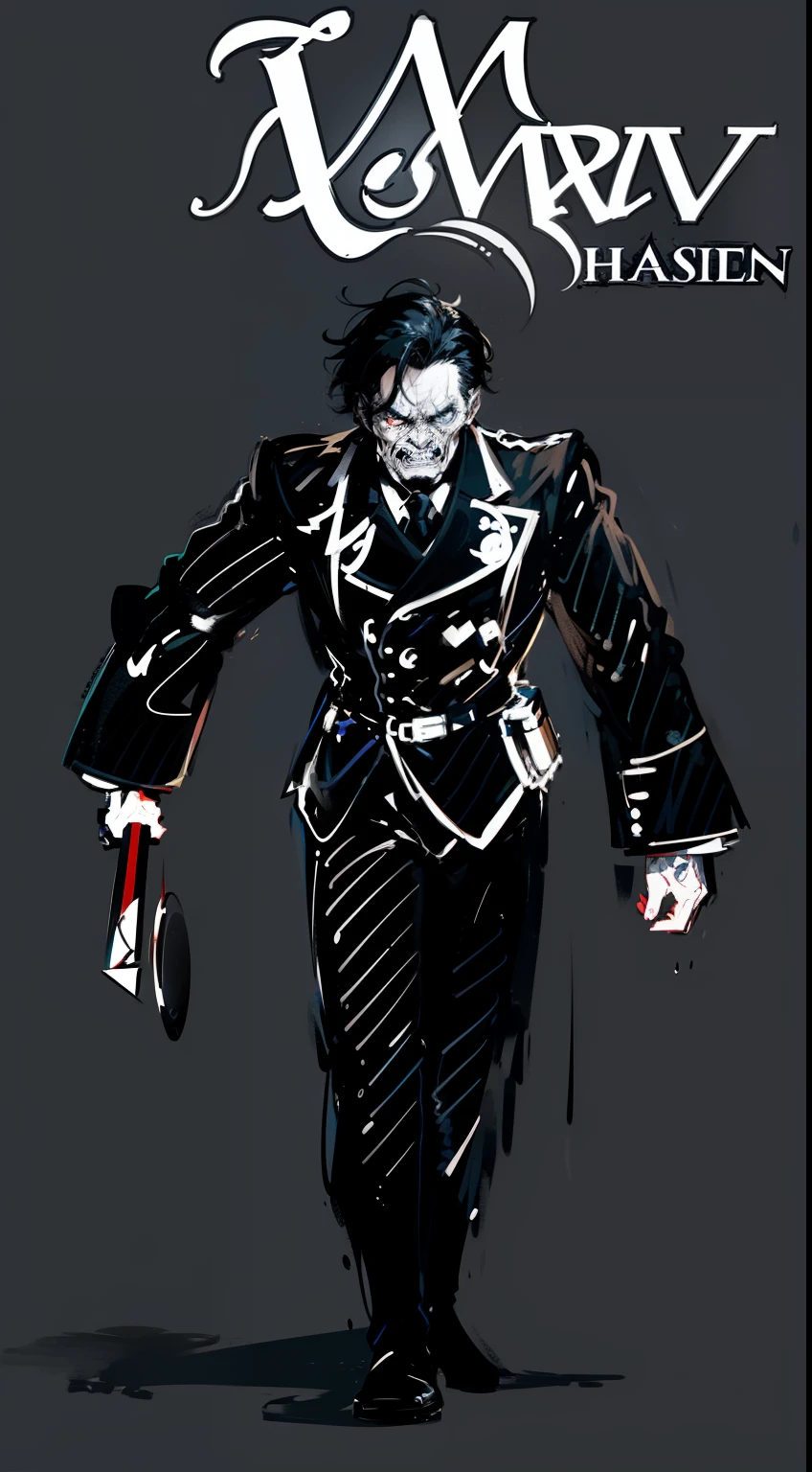 a man in a suit holding a knife, ( ( character concept art ) ), villain pose, concept character, unrealistic character concept, full body character drawing, full body concept, character posing for concept art, scary angry pose, evil standing smiling pose, menacing pose, full body character concept