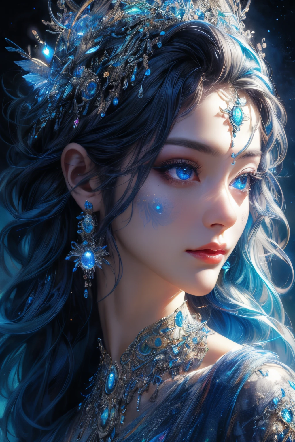 (best quality, ultra-detailed, highres:1.2), beautiful detailed eyes, perfect face shape, long flowing black hair, sparkling blue dress, seductive expression, mesmerizing blue eyes, delicate features, flawless skin, enchanting atmosphere, magical lighting, subtle shadows, impeccable makeup, provocative aura, sensual pose, captivating presence, alluring charm, stunning appearance, breathtaking beauty, graceful posture, exquisite details, elegant movements, bewitching gaze, radiant smile, masterful brushstrokes, enchanting colors, ethereal atmosphere, timeless elegance, evocative composition, striking contrast, dramatic effects, vibrant hues, exquisite attention to detail, magical realism, magical elements, captivating storytelling.