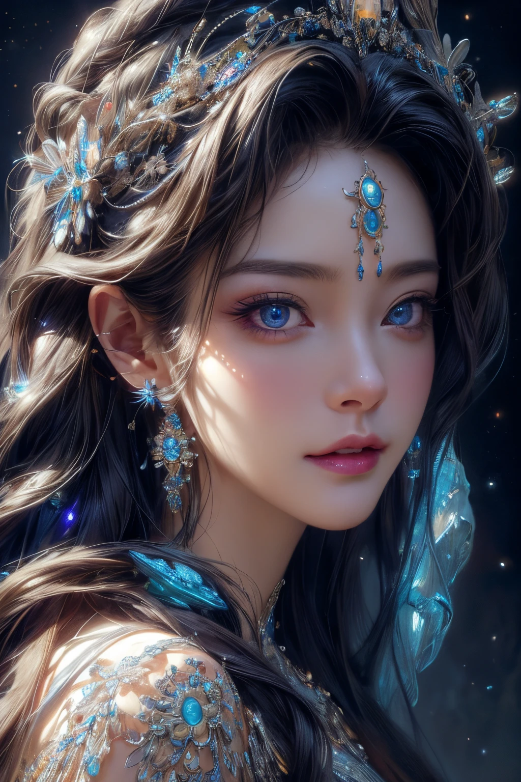 Incredibly detailed, high resolution, best quality, masterpiece:1.2, realistic, detailed eyes, detailed lips, extremely detailed eyes and face, long eyelashes, portrait, oil painting, cosmic, goddess, particles, halo, bioluminescent:0.95, vibrant, colorful, glowing, intricate composition, cinematic lighting, complex, symmetrical:0.5, surreal.