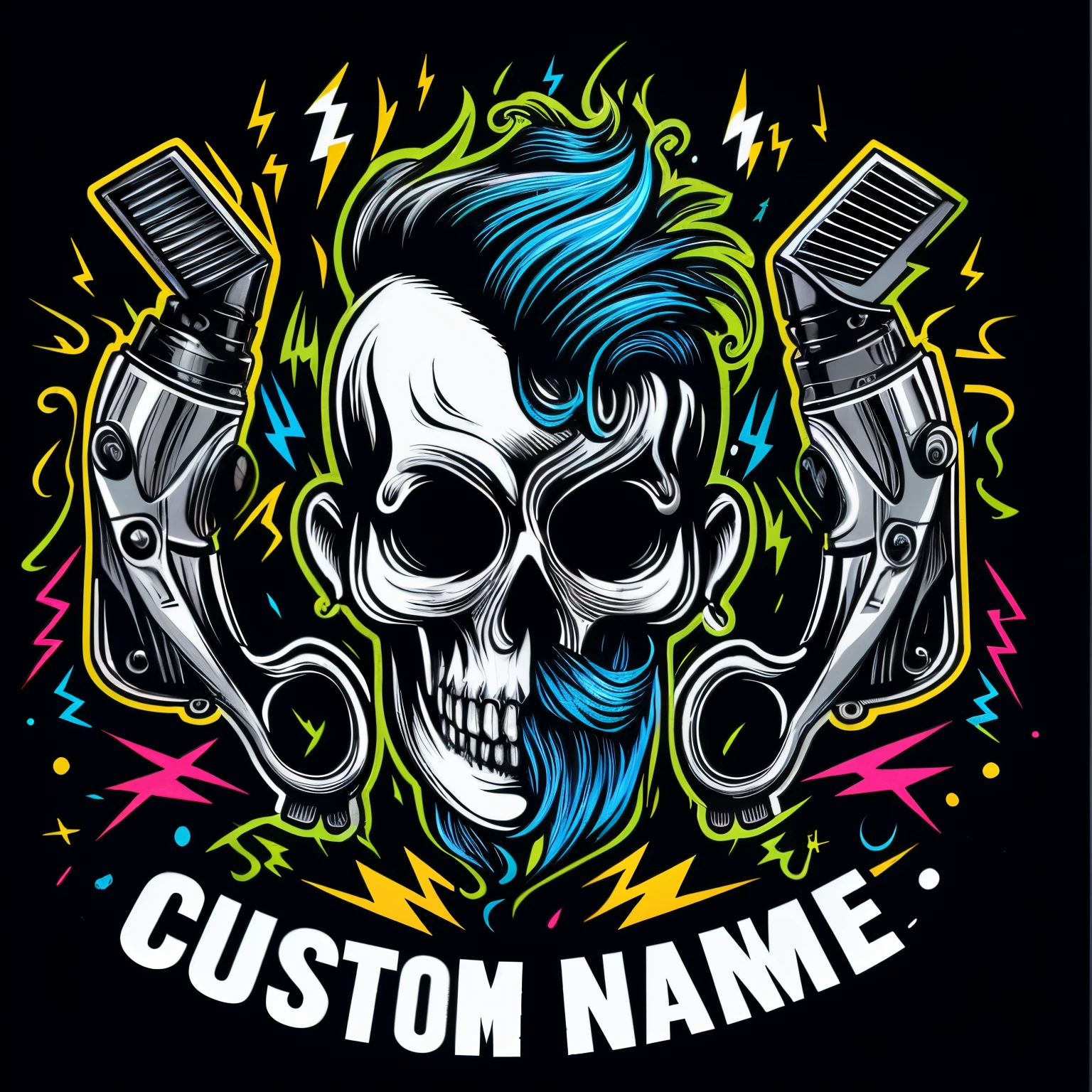 a bearded skull，Two guns in hand, skull design for a rock band, colored illustration for tattoo, full color digital illustration, Heavy metal T-shirt design, heavy metal art style, full-colour illustration, costume desig, background artwork, Full color inkjet printing, Hydro74 style, detailed artwork, very detailed illustration.”, Epaulettes design