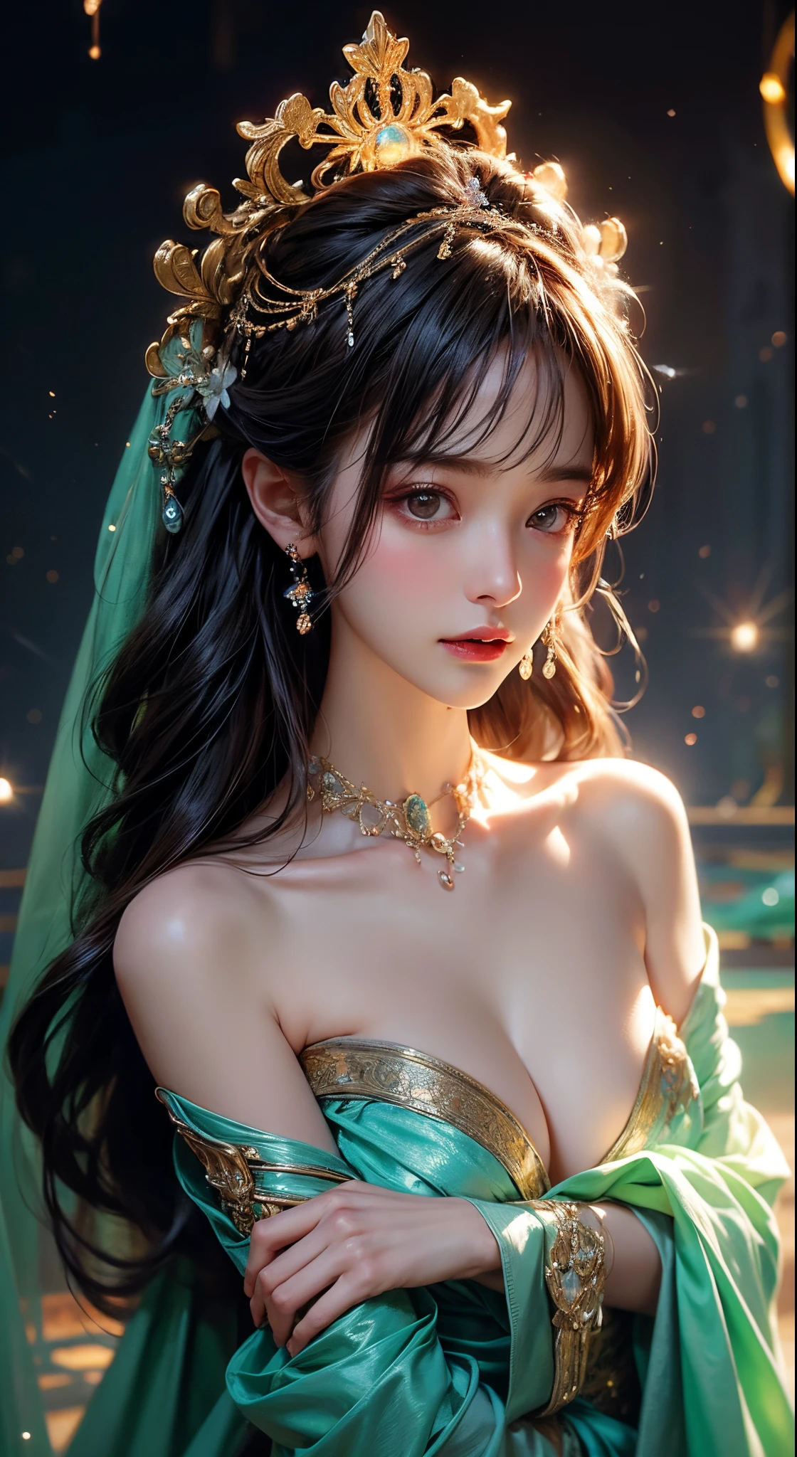 A masterpiece of the highest quality, presenting scenes where reality and mystery are intertwined. The painting depicts a girl who is surrounded by celestial bodies as if she had become a goddess-like being. Light particles flickered around her, forming a brilliant aura. She looked at the audience with determination, exuding energy.
The whole picture is colorful, like a glowing dream. Beautiful and complex composition, at the same time, it has a certain sense of symmetry. The artist depicts the scene in a whimsical way, as if opening up a mysterious world.
The effect of bioluminescence on the girl in the picture is very obvious, giving people a mysterious and charming feeling. Cinematic lighting in the background adds a sense of drama and dreaminess.