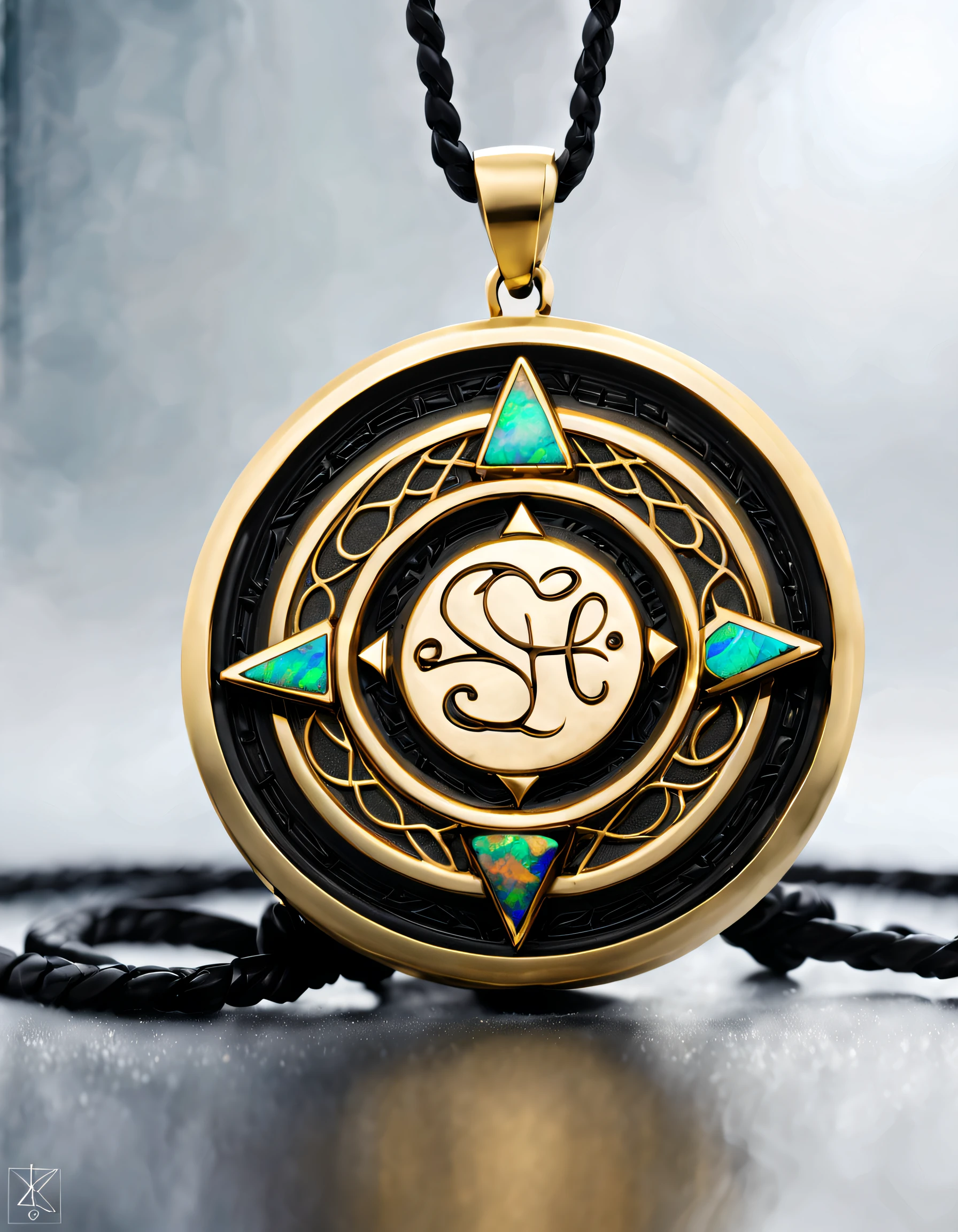 antonio canova style, Item design, Brand design, Logo design,
(Sagittarius black and gold round abstract pendant), (Engraved golden Sagittarius pattern), (double opal: 1.3), (Sagittarius zodiac symbol: 1.2), (The pendant is engraved with the letters cindy xu on the side), (Black leather rope), (black and gold border: 1.1), Frosted process, Geometric patterns, Black stone, Beautifully complex structure, Boho Style, Van Clippard, cartier,
Background with: The white, jewelry photography, hyper HD, high qulity,