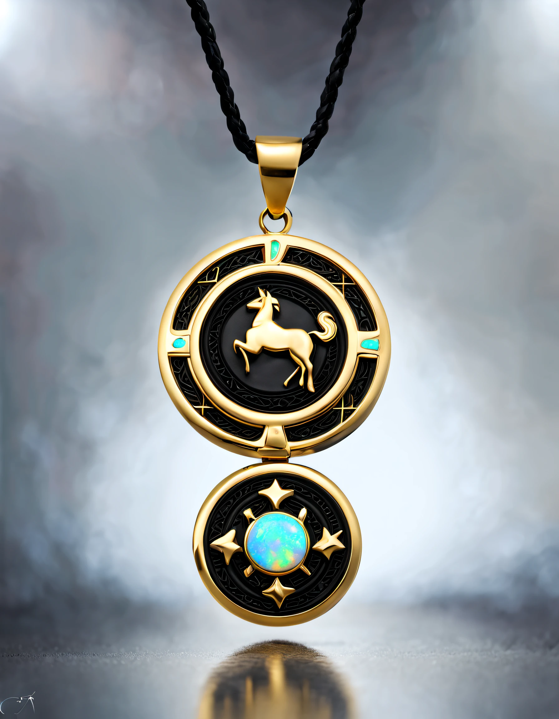 antonio canova style, Item design, Brand design, Logo design,
(Sagittarius black and gold round abstract pendant), (Engraved golden Sagittarius pattern), (double opal: 1.3), (Sagittarius zodiac symbol: 1.2), (The pendant is engraved with the letters cindy xu on the side), (Black leather rope), (black and gold border: 1.1), Frosted process, Geometric patterns, Black stone, Beautifully complex structure, Boho Style, Van Clippard, cartier,
Background with: The white, jewelry photography, hyper HD, high qulity,