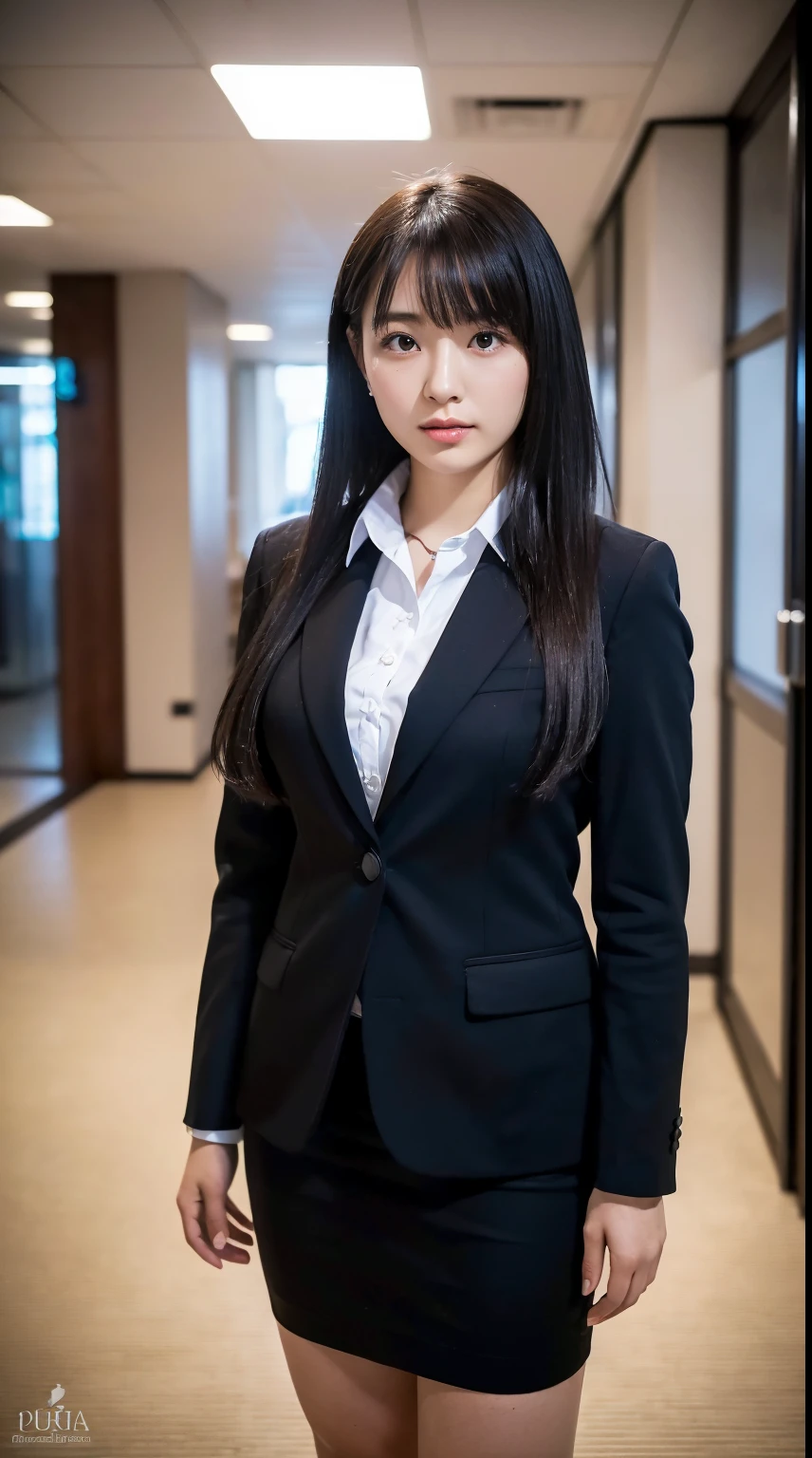 (Best Quality, High Quality,Ultra Quality:1.3),(depth of field:1.3) ,((front body:1.35)) ,Japanese woman,20 years old, Women's black suit with collared shirt, tight-fitting knee-length skirt, huge breasts ,plump,(realskin:1.3),ultra realistic photo, (looking at viewer:1.3), (full body shot:1.2),standing,Inside the city