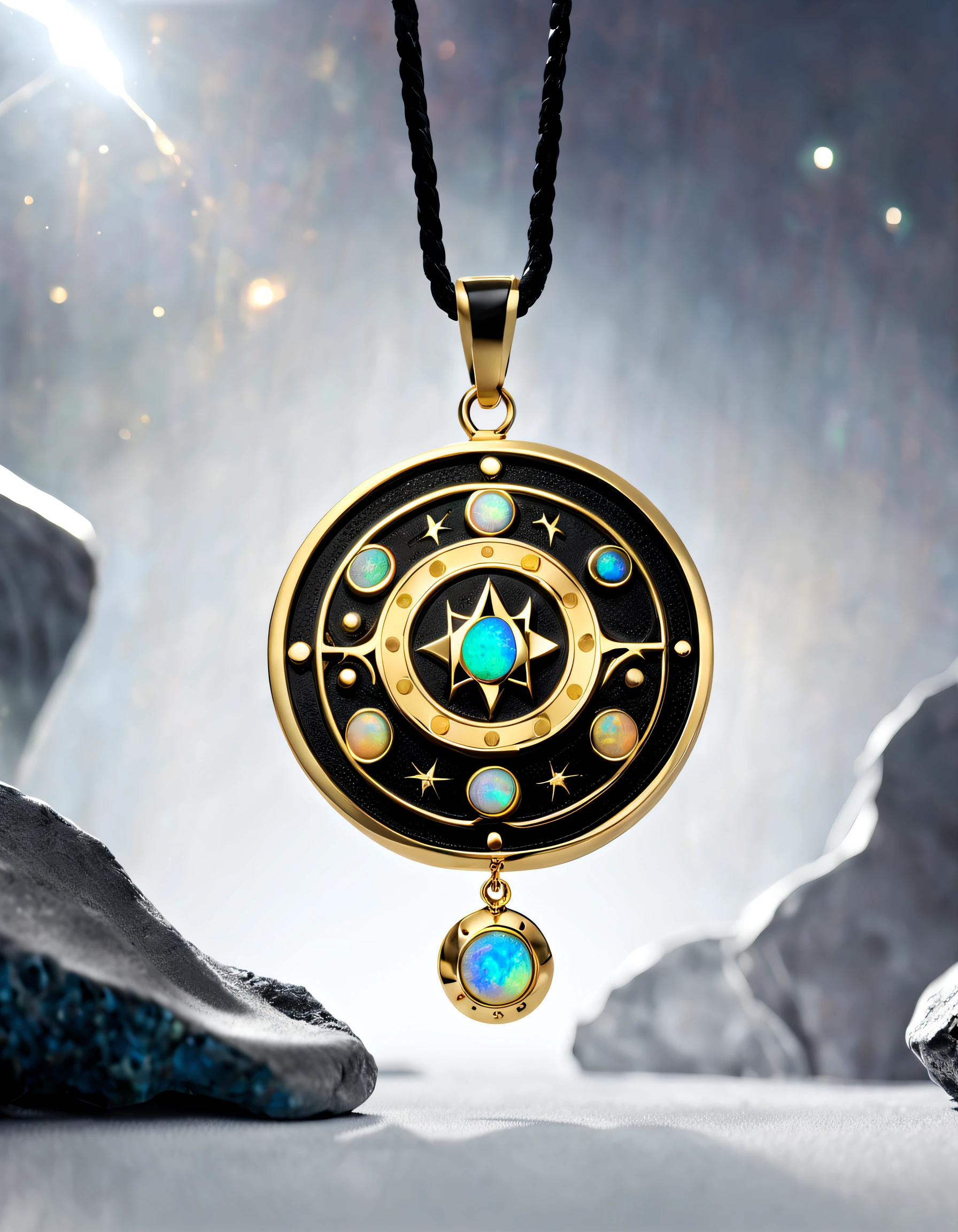 安Antonio canova style, item design, brand design, logo design,
(A black and gold circular abstract pendant of Sagittarius), (engraved with a golden Sagittarius pattern), (a double opal: 1.3), (Sagittarius constellation symbol: 1.2), (pendant side engraved with the letter Cindy Xu), (black leather rope), (black and gold border: 1.1), frosted craftsmanship, geometric patterns, black stones, exquisite and complex structures, Bohemian style, Van Cleopard, Cartier,
Background: White, jewelry photography, ultra-high definition, high quality,